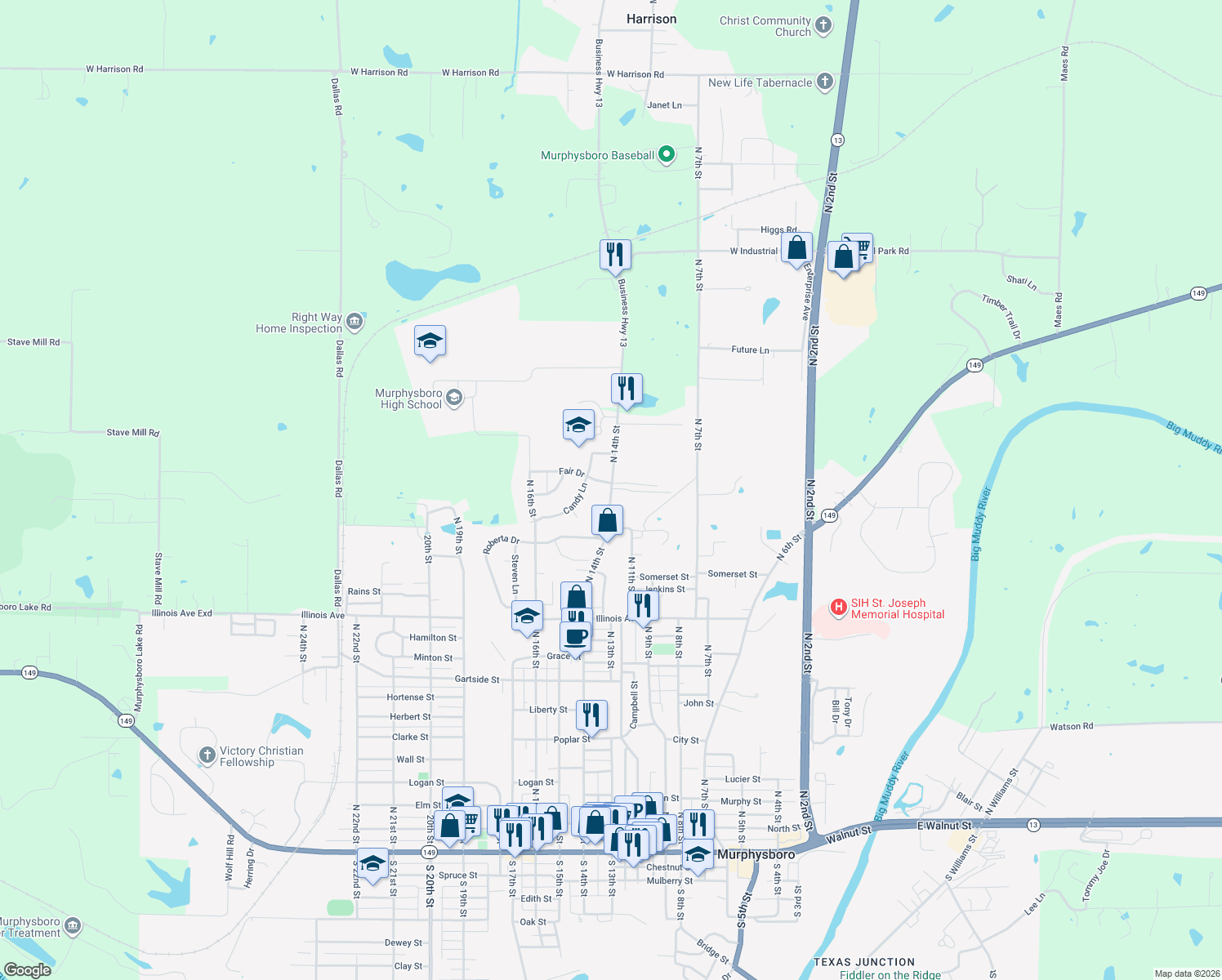 map of restaurants, bars, coffee shops, grocery stores, and more near 1299 N 14th St in Murphysboro