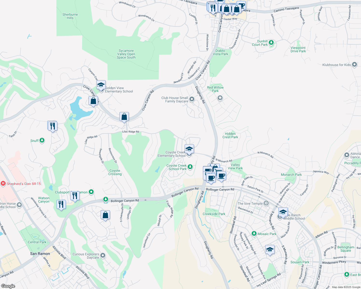 map of restaurants, bars, coffee shops, grocery stores, and more near 5924 Lantana Way in San Ramon