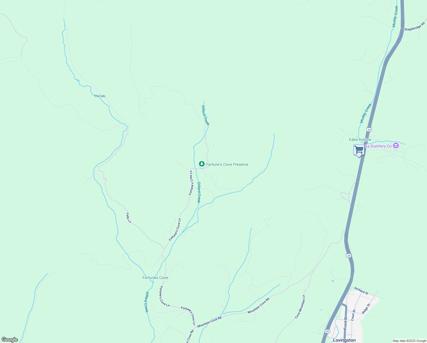 map of restaurants, bars, coffee shops, grocery stores, and more near 299 Scotties Lane in Lovingston