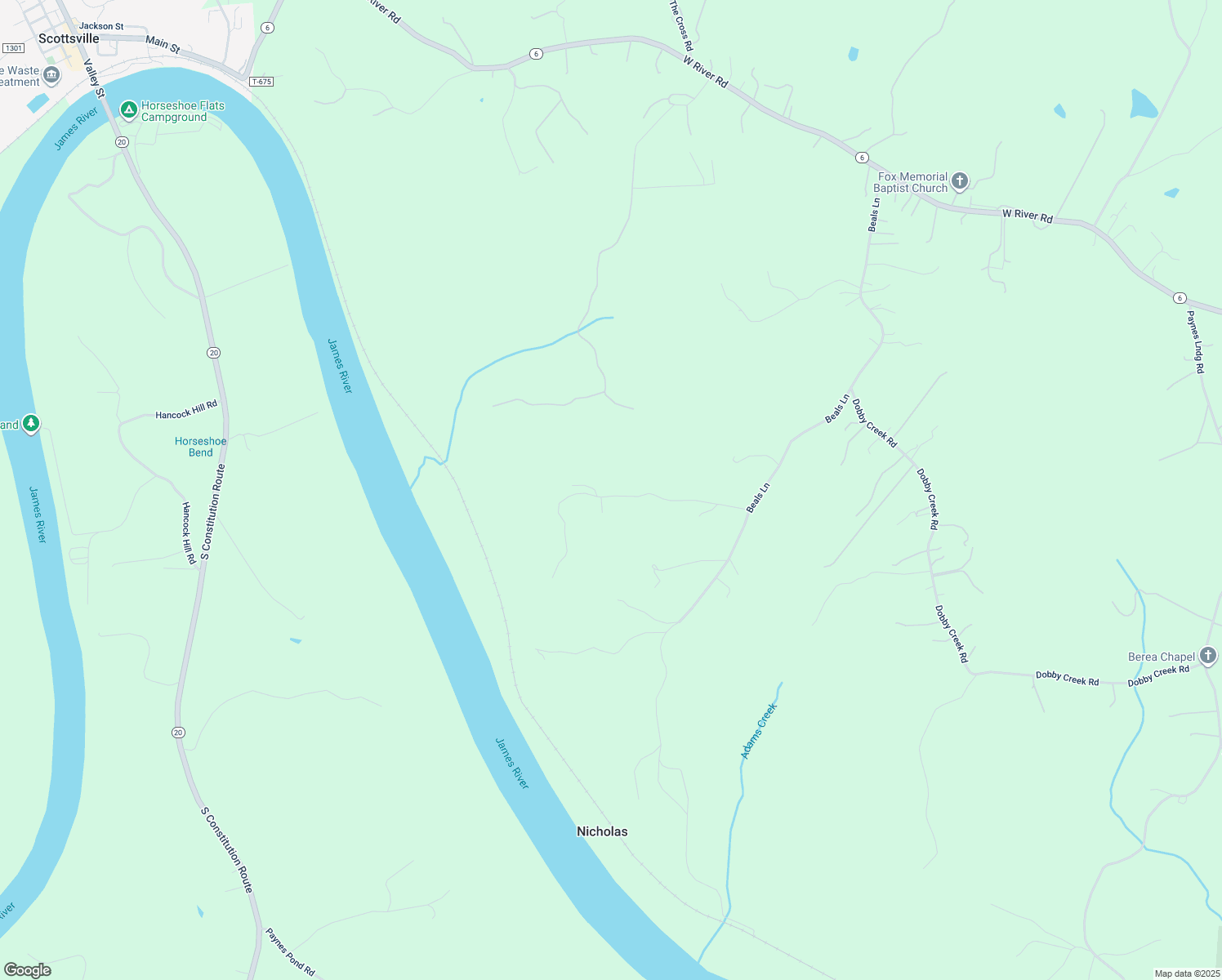 map of restaurants, bars, coffee shops, grocery stores, and more near 406 Green Meadow Lane in Scottsville