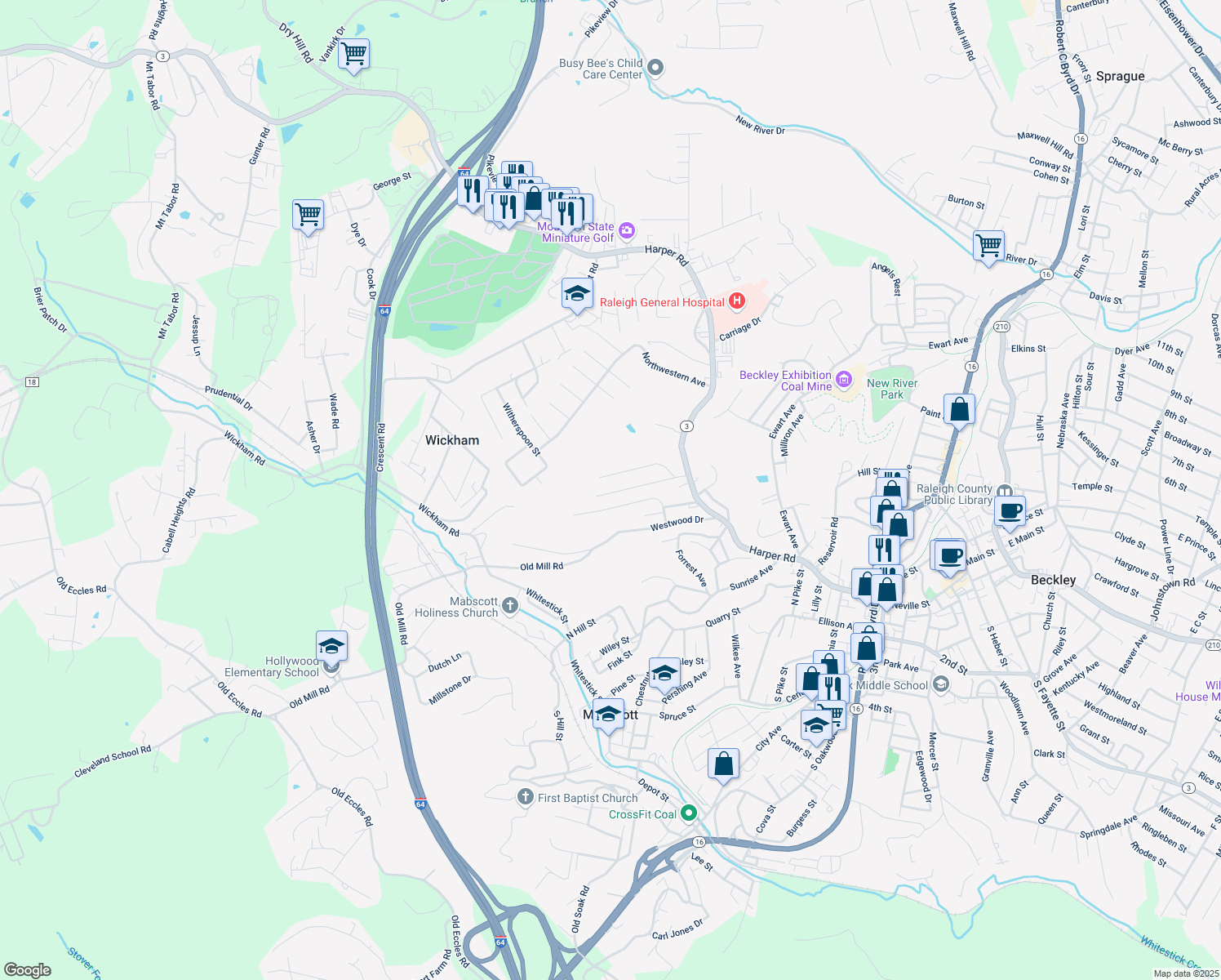 map of restaurants, bars, coffee shops, grocery stores, and more near 237 Fairview Ave in Beckley