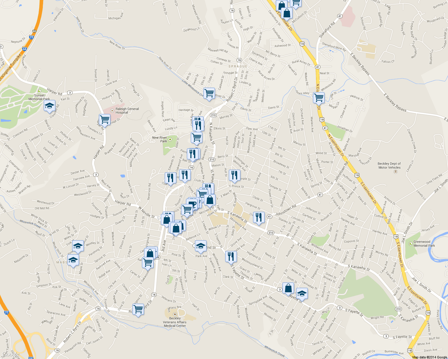 map of restaurants, bars, coffee shops, grocery stores, and more near 119 Wilson St in Beckley