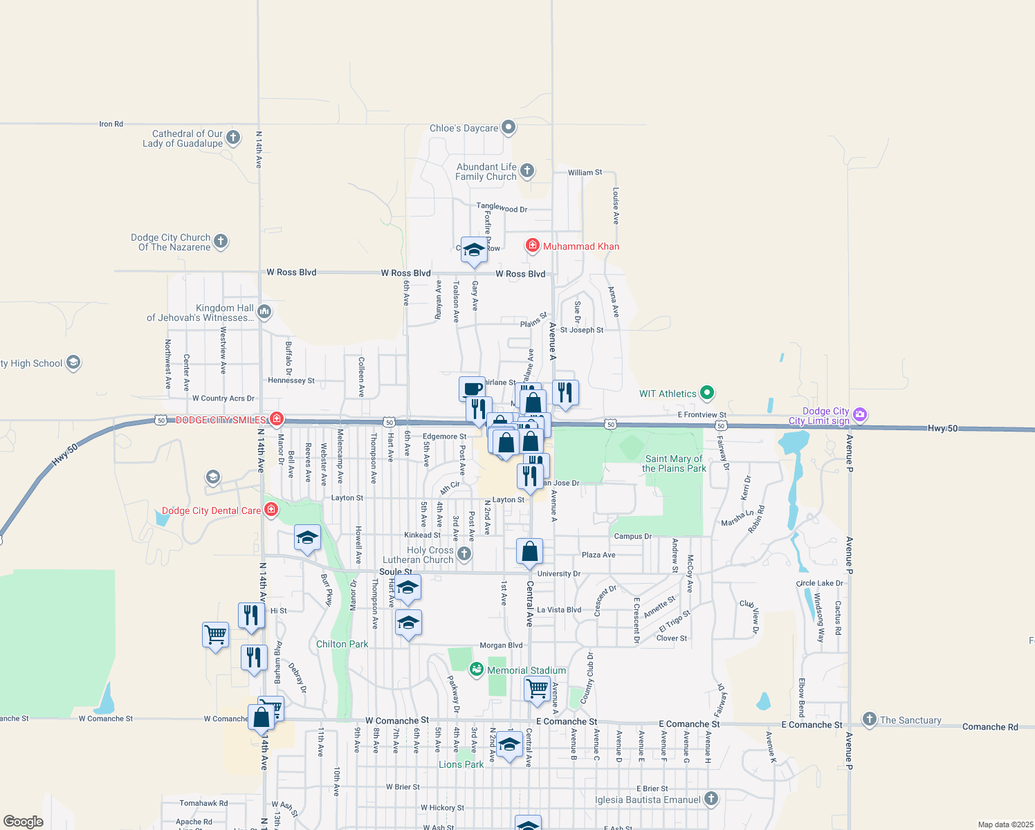 map of restaurants, bars, coffee shops, grocery stores, and more near 2707 Maralane Avenue in Dodge City
