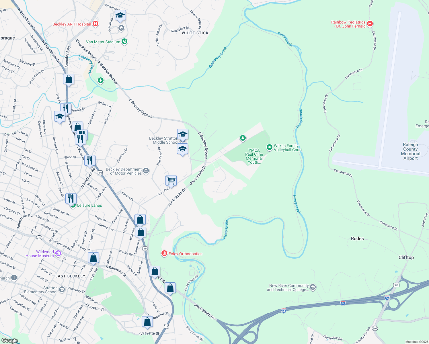 map of restaurants, bars, coffee shops, grocery stores, and more near 99 Stone Circle Road in Beckley