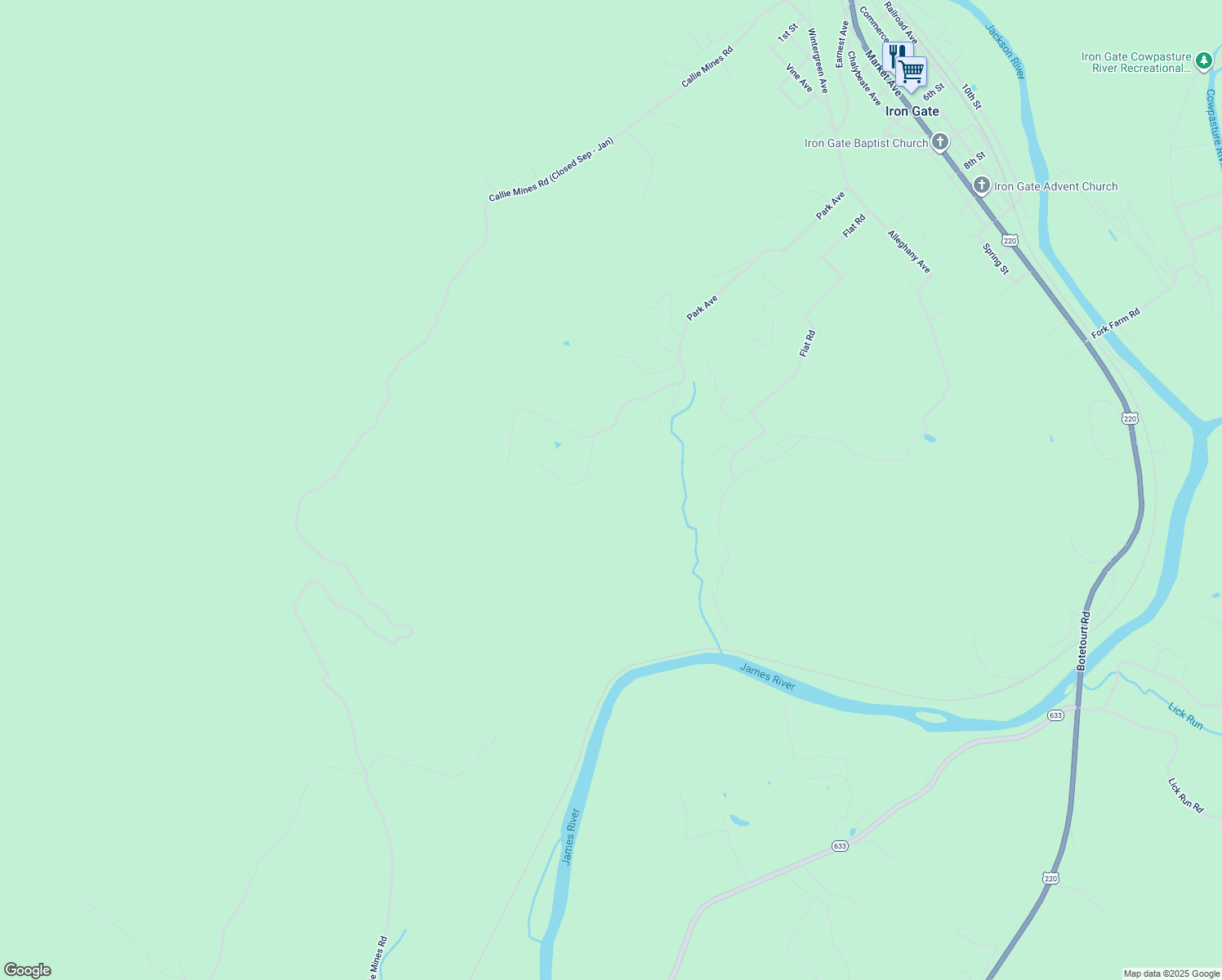 map of restaurants, bars, coffee shops, grocery stores, and more near 1117 Park Avenue in Clifton Forge