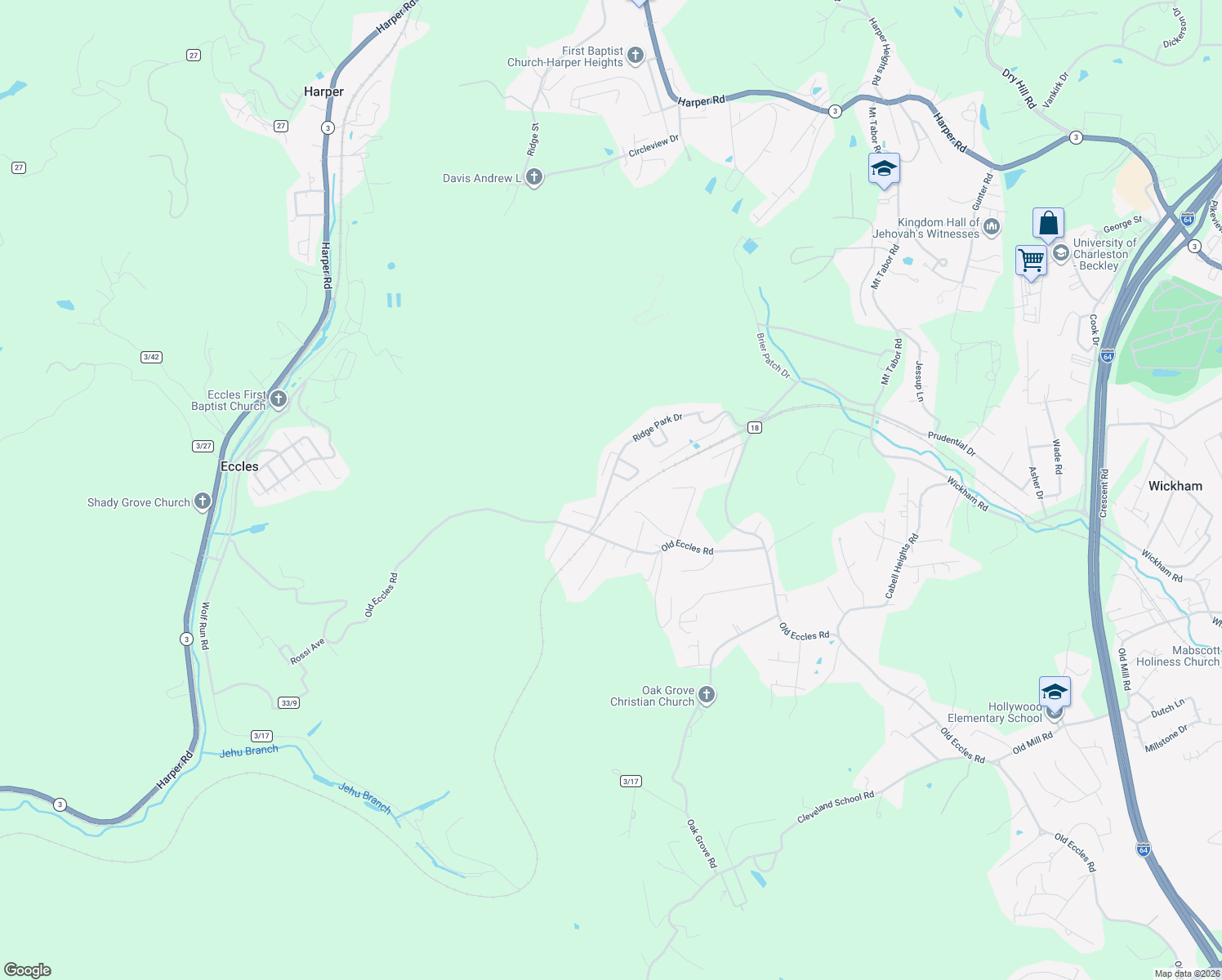 map of restaurants, bars, coffee shops, grocery stores, and more near 371 Ridge Park Drive in Beckley