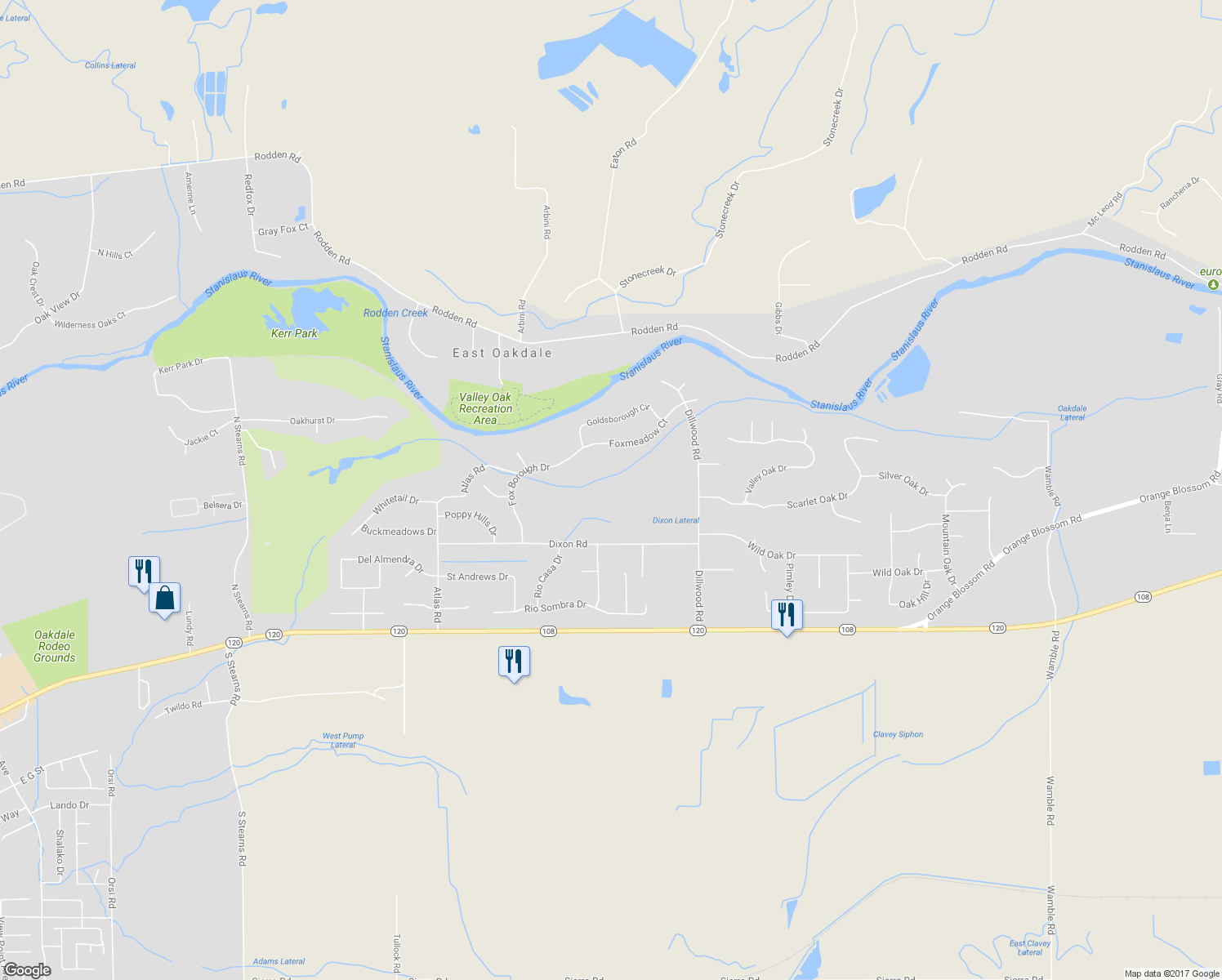 map of restaurants, bars, coffee shops, grocery stores, and more near 10661 Dixon Road in Oakdale
