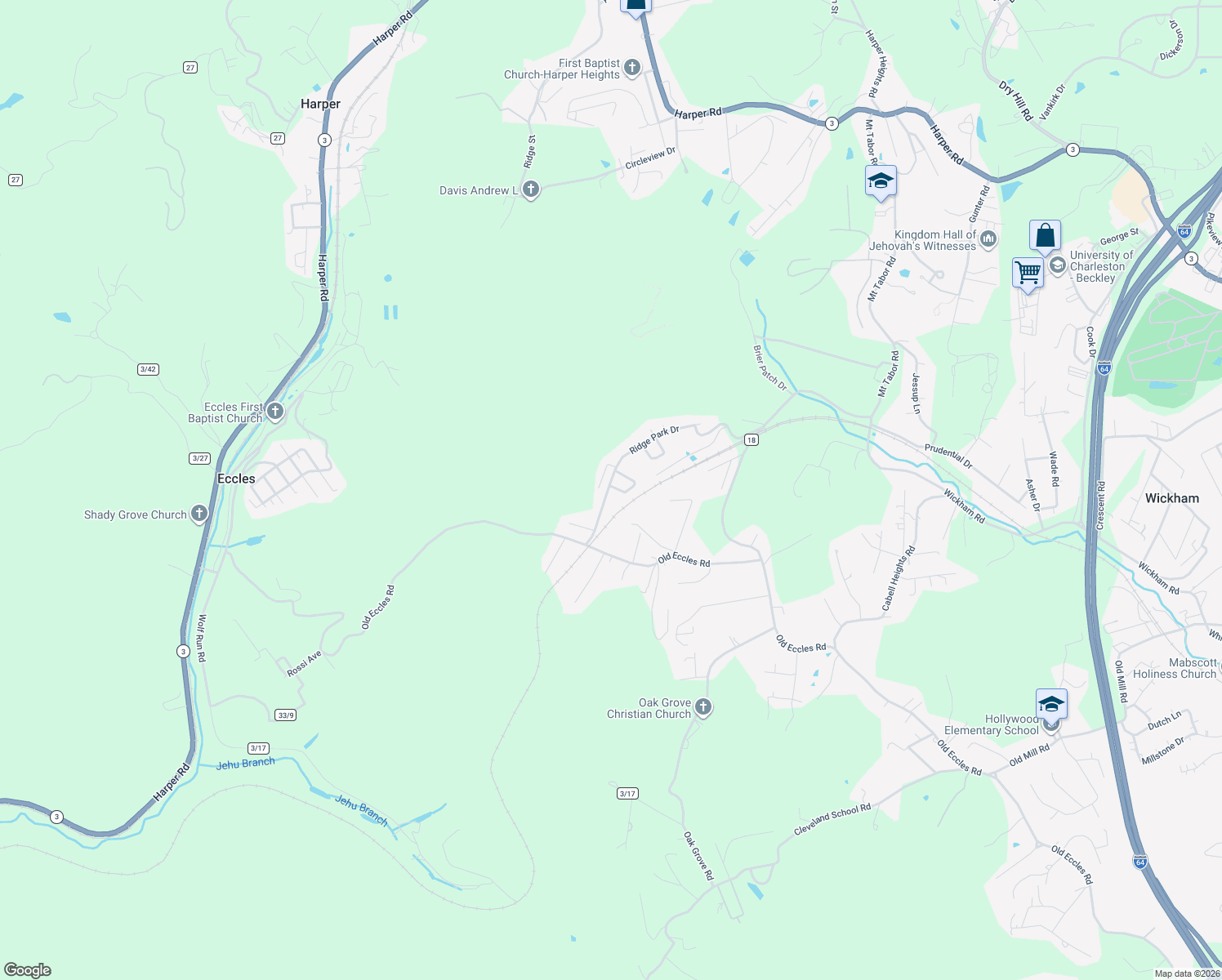 map of restaurants, bars, coffee shops, grocery stores, and more near 371 Ridge Park Drive in Beckley