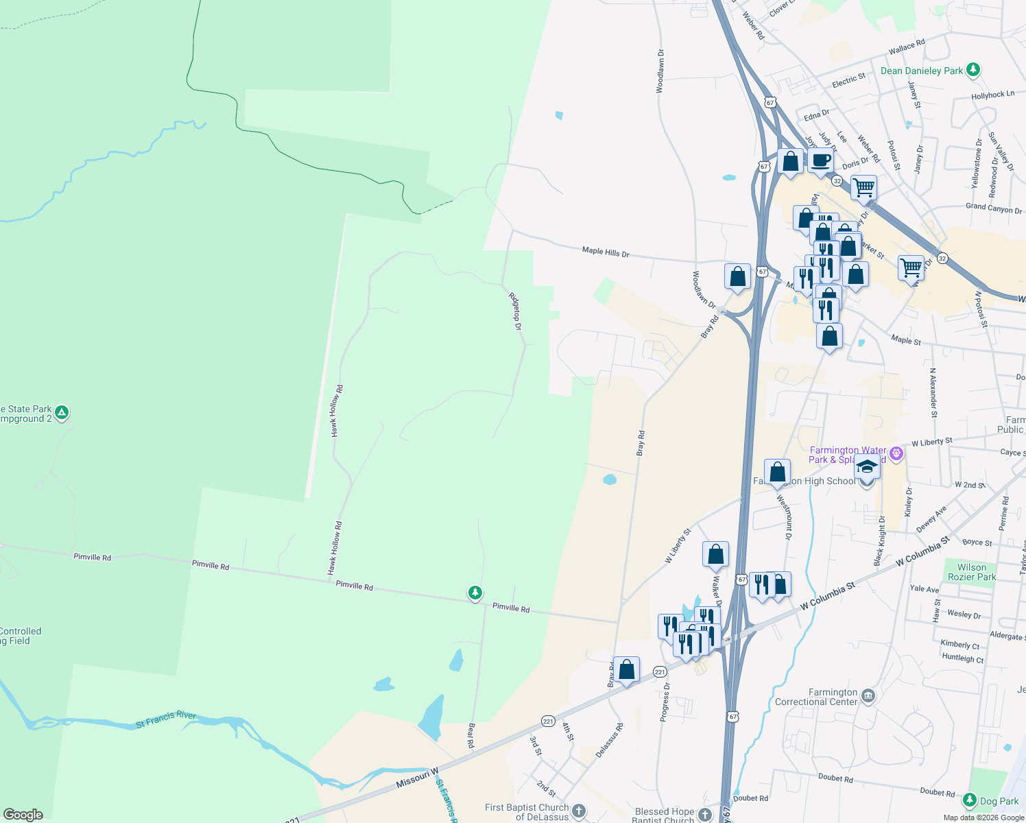 map of restaurants, bars, coffee shops, grocery stores, and more near 201 Timber Lane in Farmington