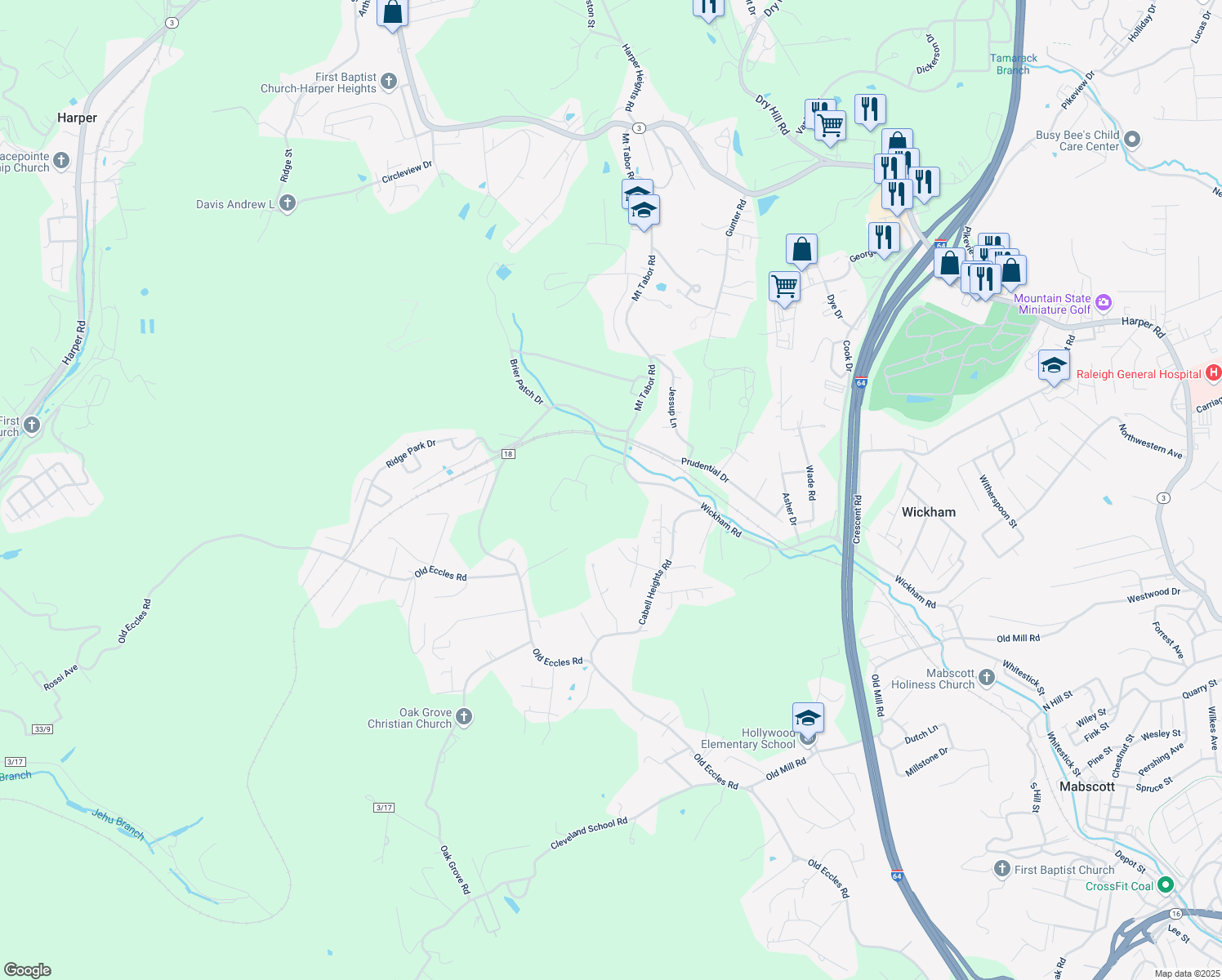 map of restaurants, bars, coffee shops, grocery stores, and more near 173 Davis Farm Drive in Beckley