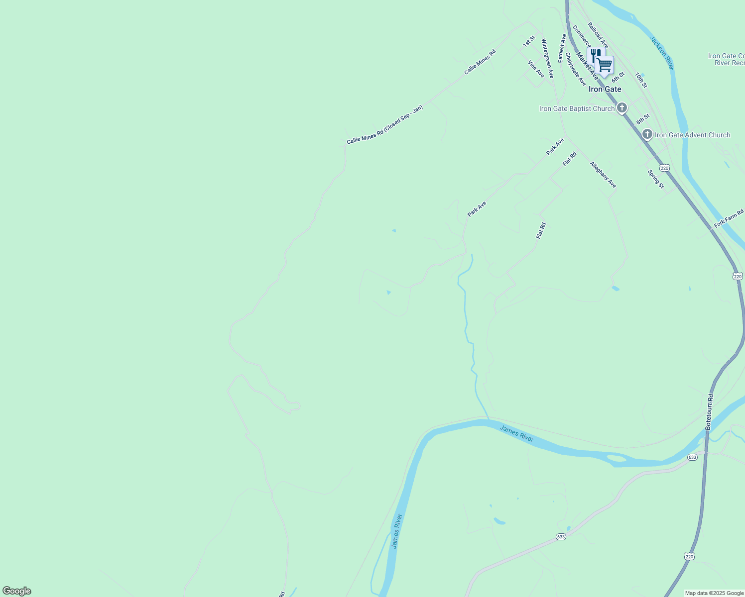 map of restaurants, bars, coffee shops, grocery stores, and more near 1117 Park Avenue in Clifton Forge