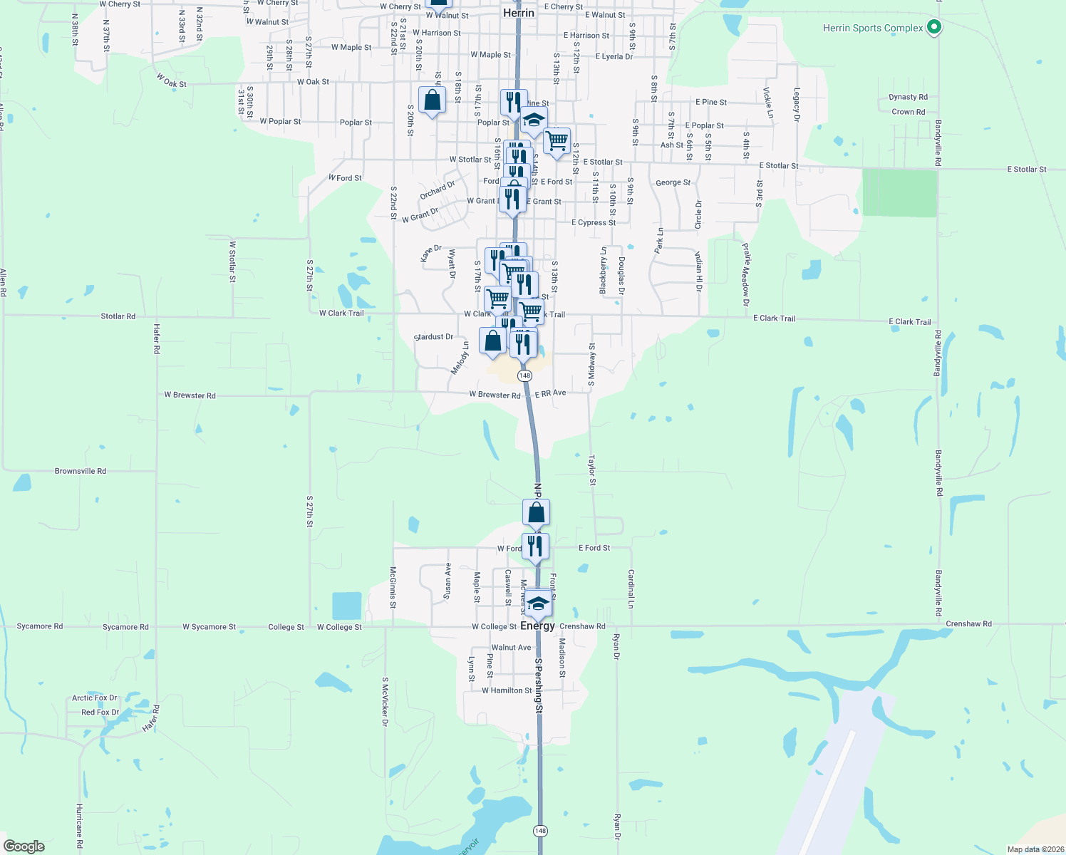 map of restaurants, bars, coffee shops, grocery stores, and more near North Pershing Street in Herrin