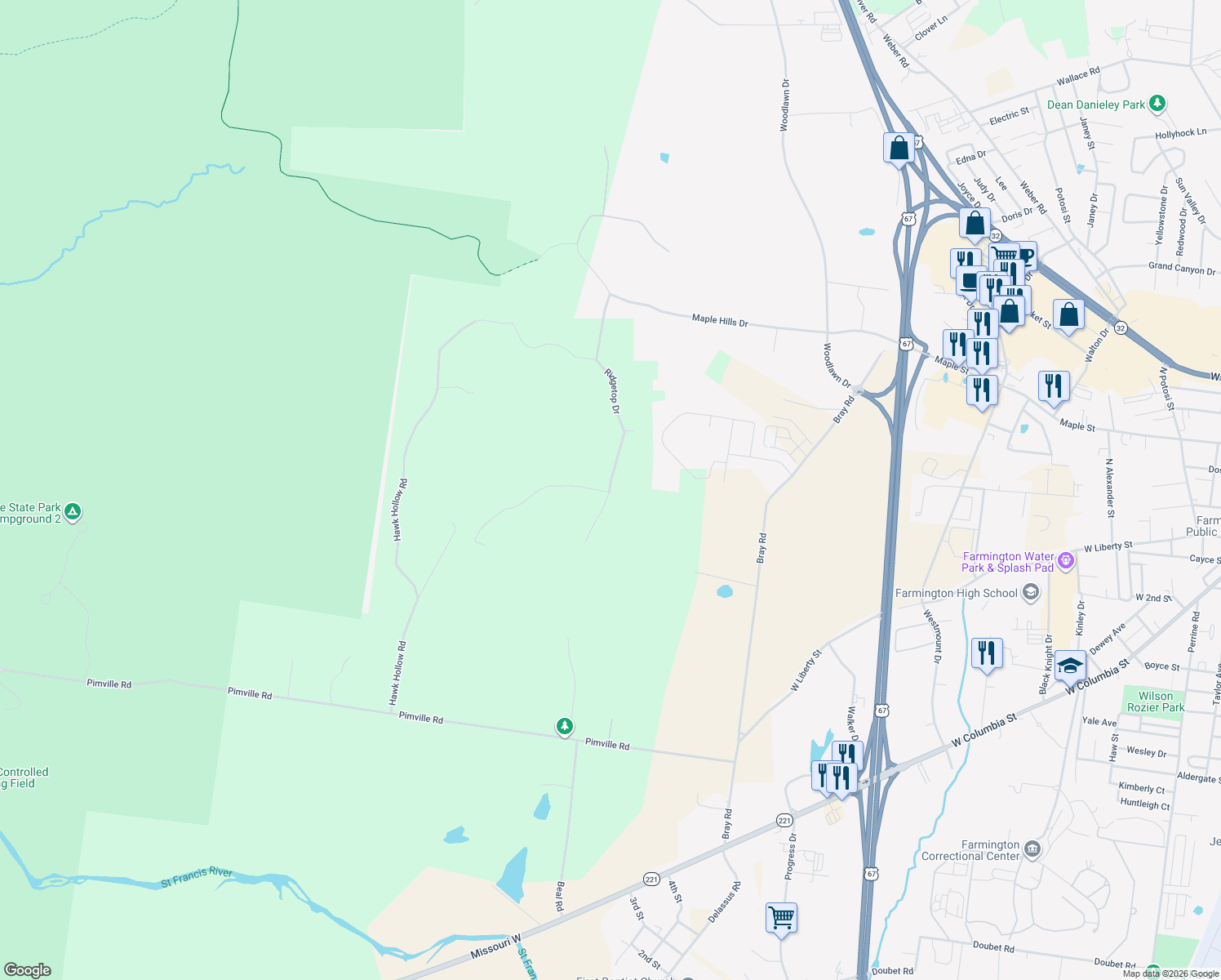 map of restaurants, bars, coffee shops, grocery stores, and more near 201 Timber Lane in Farmington