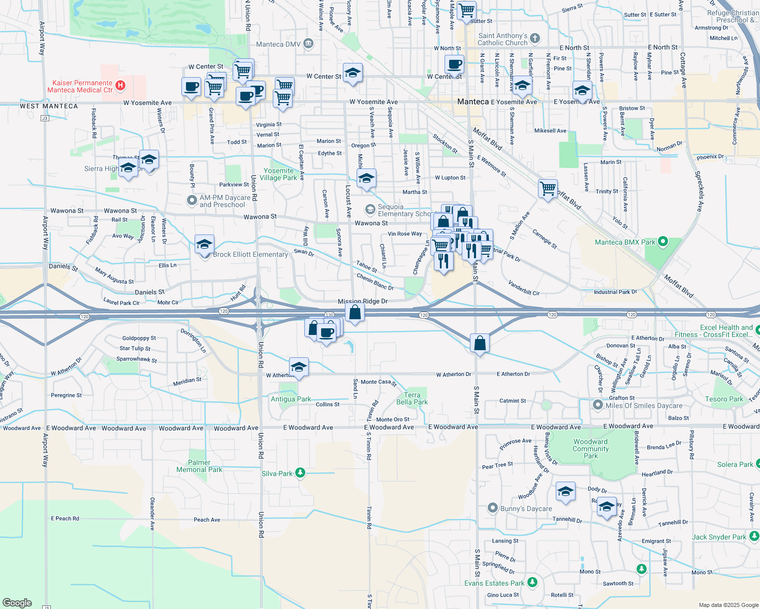 map of restaurants, bars, coffee shops, grocery stores, and more near 690 Mission Ridge Drive in Manteca