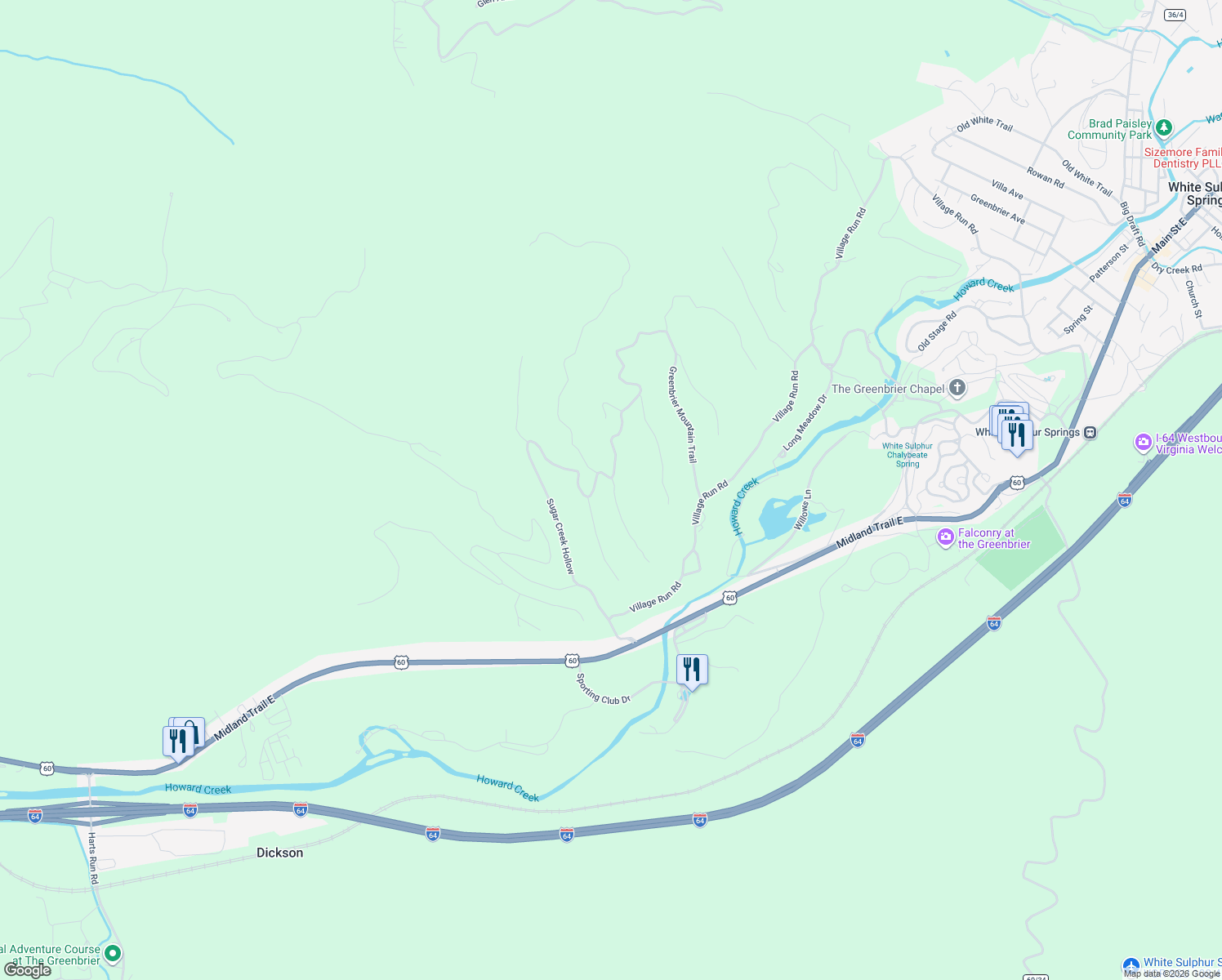 map of restaurants, bars, coffee shops, grocery stores, and more near 186 Fillmore Ridge in White Sulphur Springs