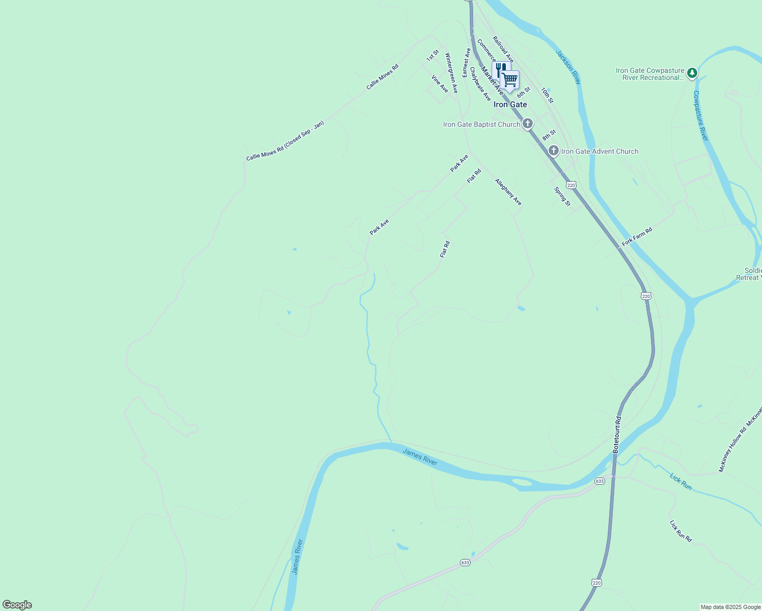 map of restaurants, bars, coffee shops, grocery stores, and more near 77 Peaceful Lane in Clifton Forge