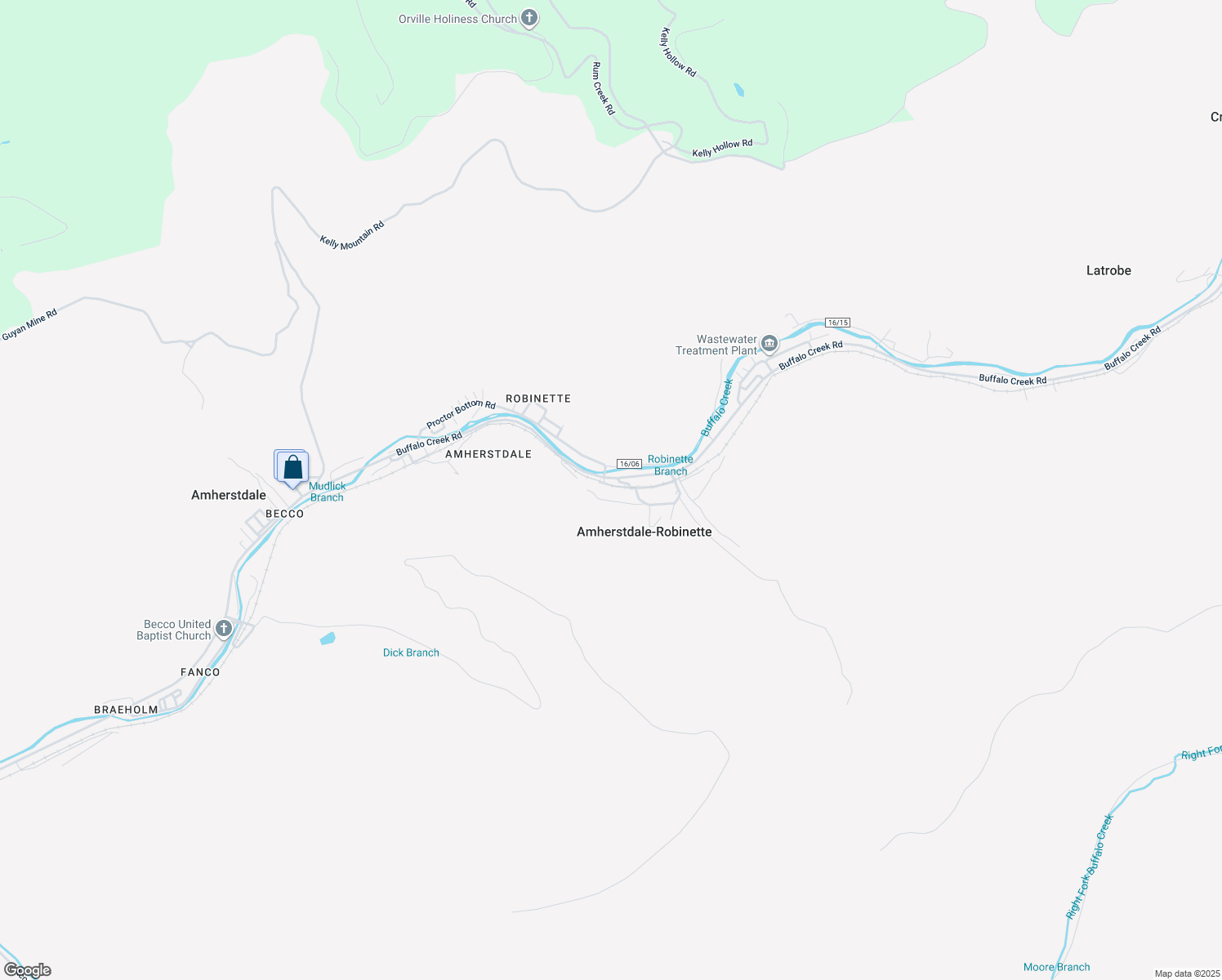 map of restaurants, bars, coffee shops, grocery stores, and more near 106 Buffalo Creek Road in Amherstdale-Robinette