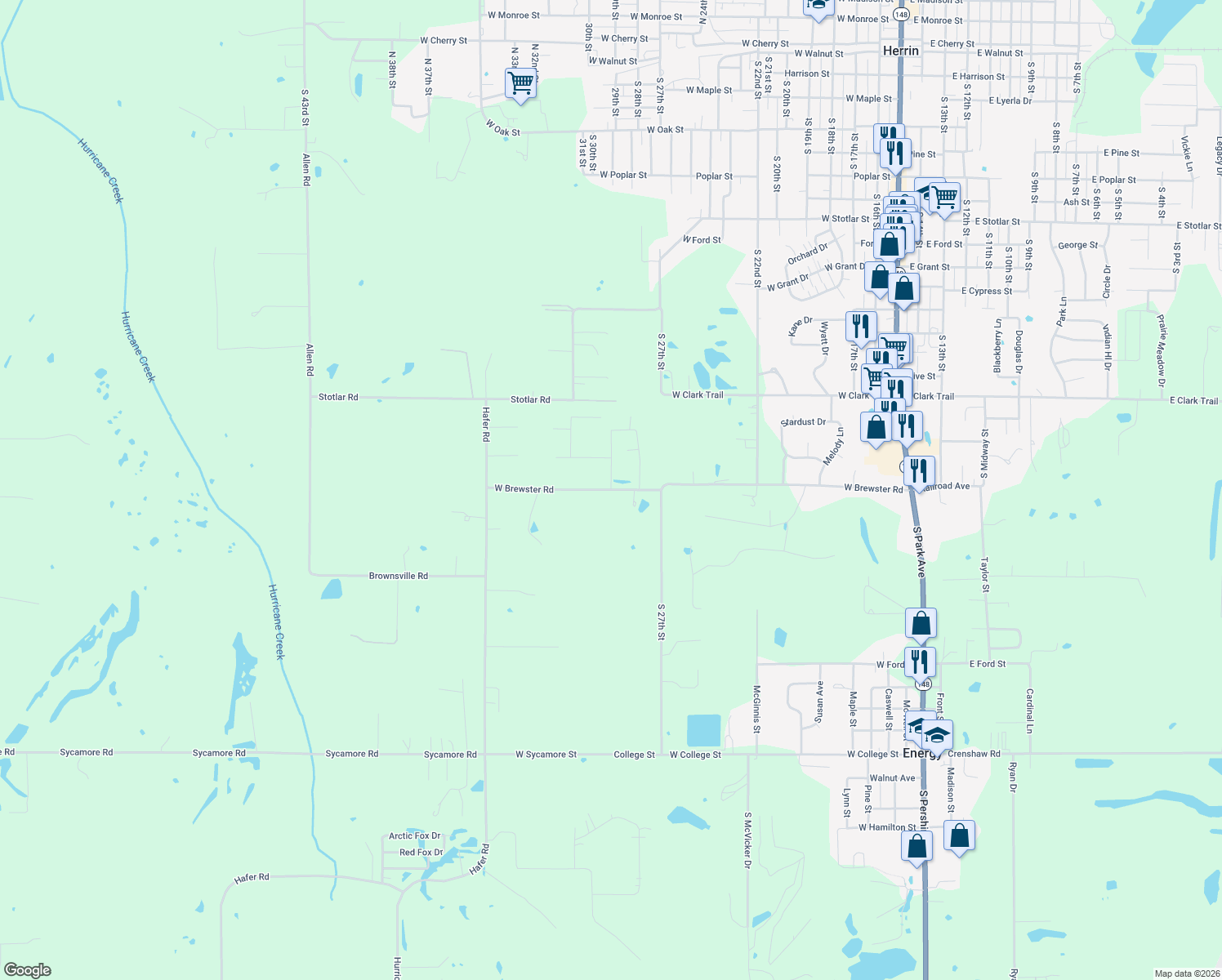 map of restaurants, bars, coffee shops, grocery stores, and more near 1267 W Brewster Rd in Herrin