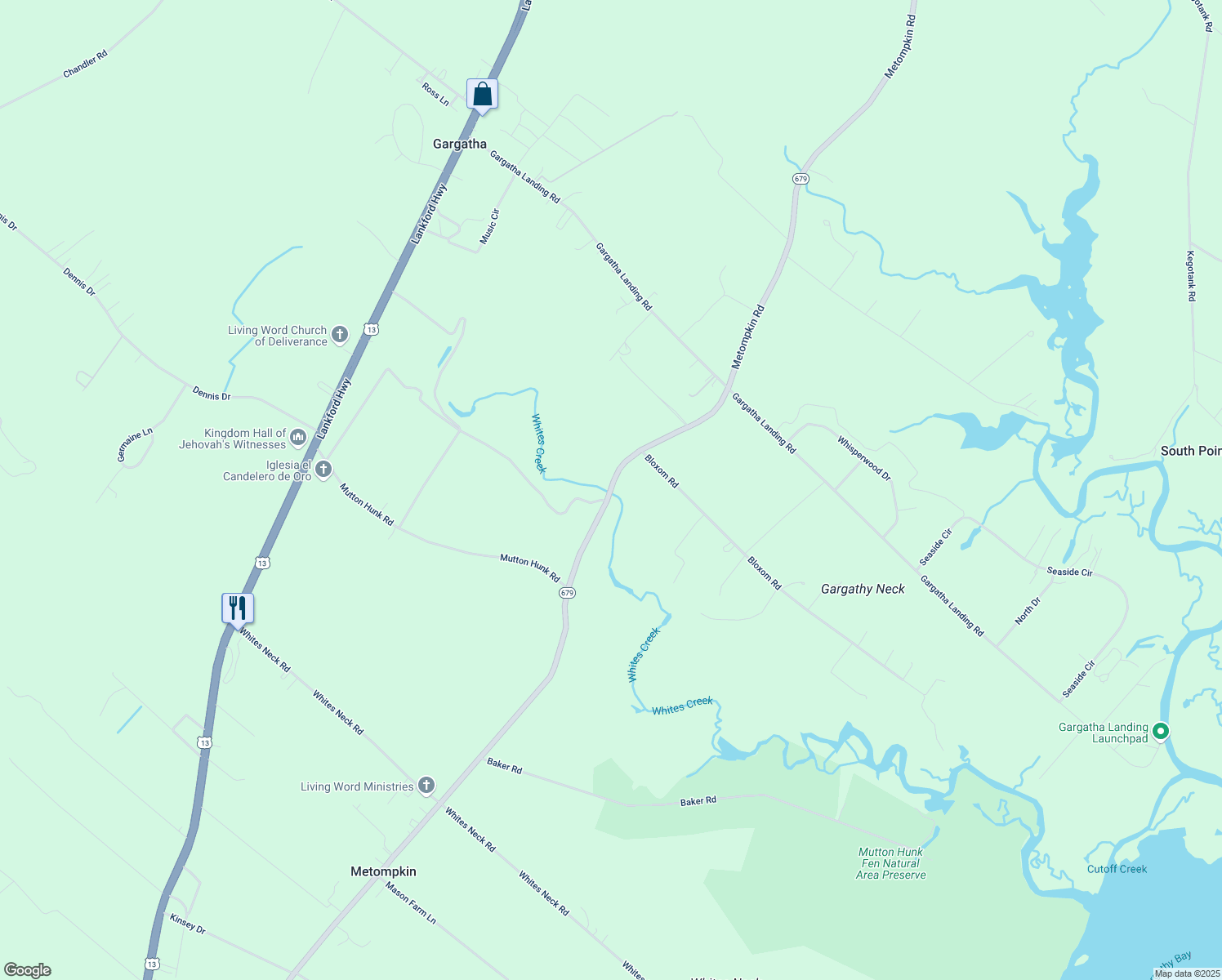 map of restaurants, bars, coffee shops, grocery stores, and more near 18393 Metompkin Road in Parksley