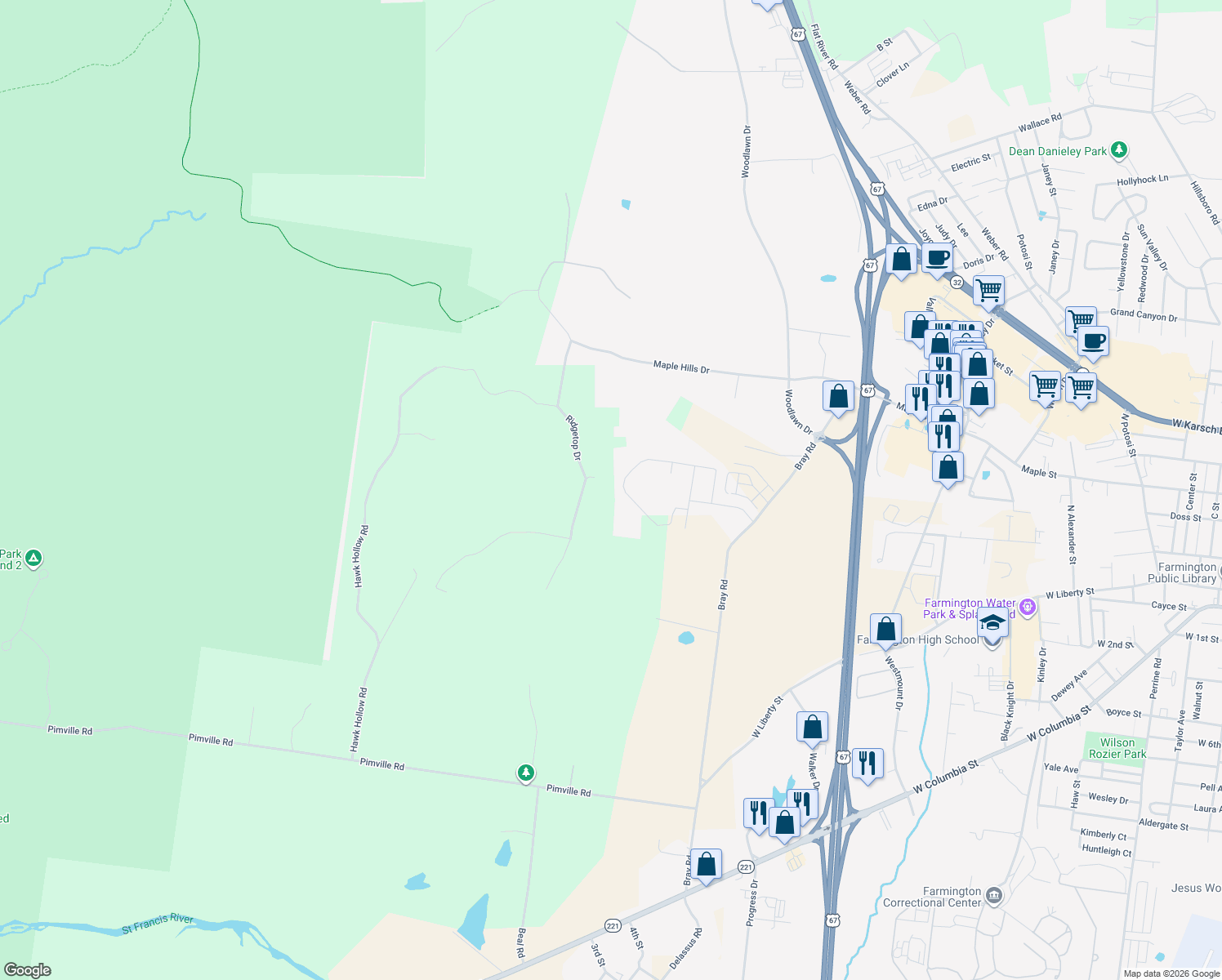 map of restaurants, bars, coffee shops, grocery stores, and more near 304 Doe Lane in Farmington