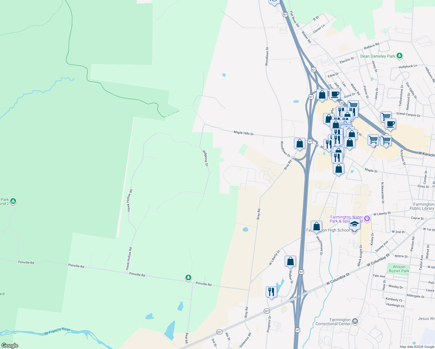 map of restaurants, bars, coffee shops, grocery stores, and more near 304 Doe Lane in Farmington