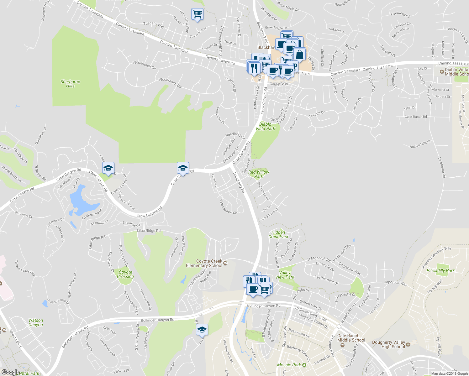 map of restaurants, bars, coffee shops, grocery stores, and more near 325 Bellflower Drive in San Ramon