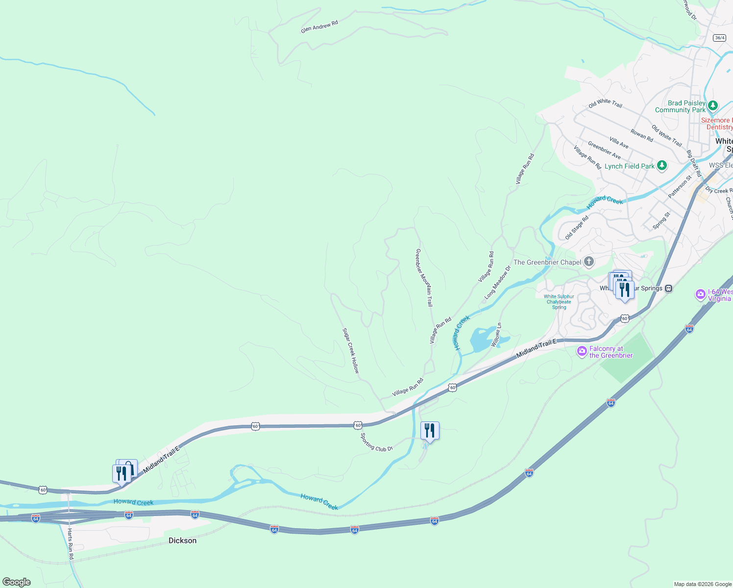map of restaurants, bars, coffee shops, grocery stores, and more near 248 Wilson Ridge in White Sulphur Springs