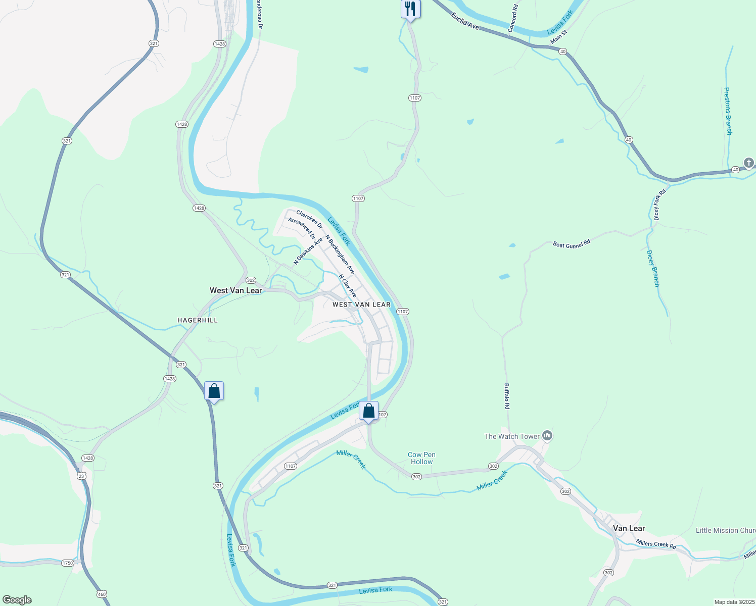 map of restaurants, bars, coffee shops, grocery stores, and more near 42 Cherokee Drive in Paintsville