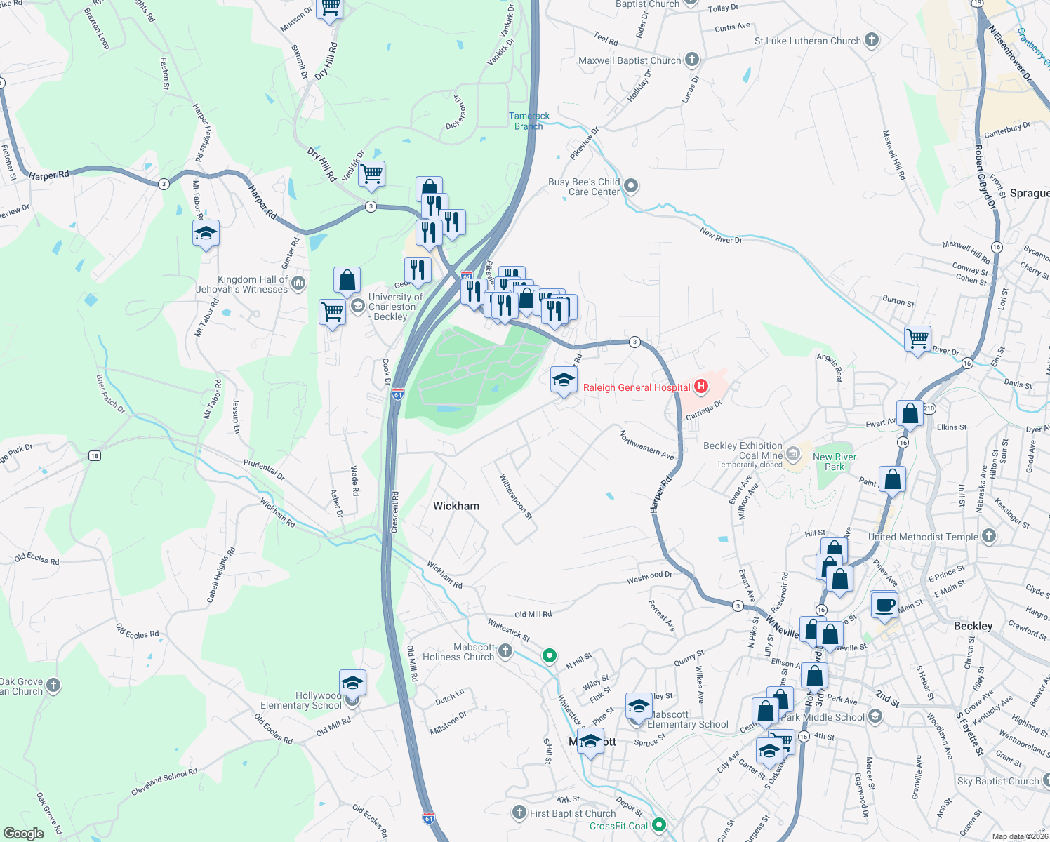 map of restaurants, bars, coffee shops, grocery stores, and more near 223 Crescent Road in Beckley