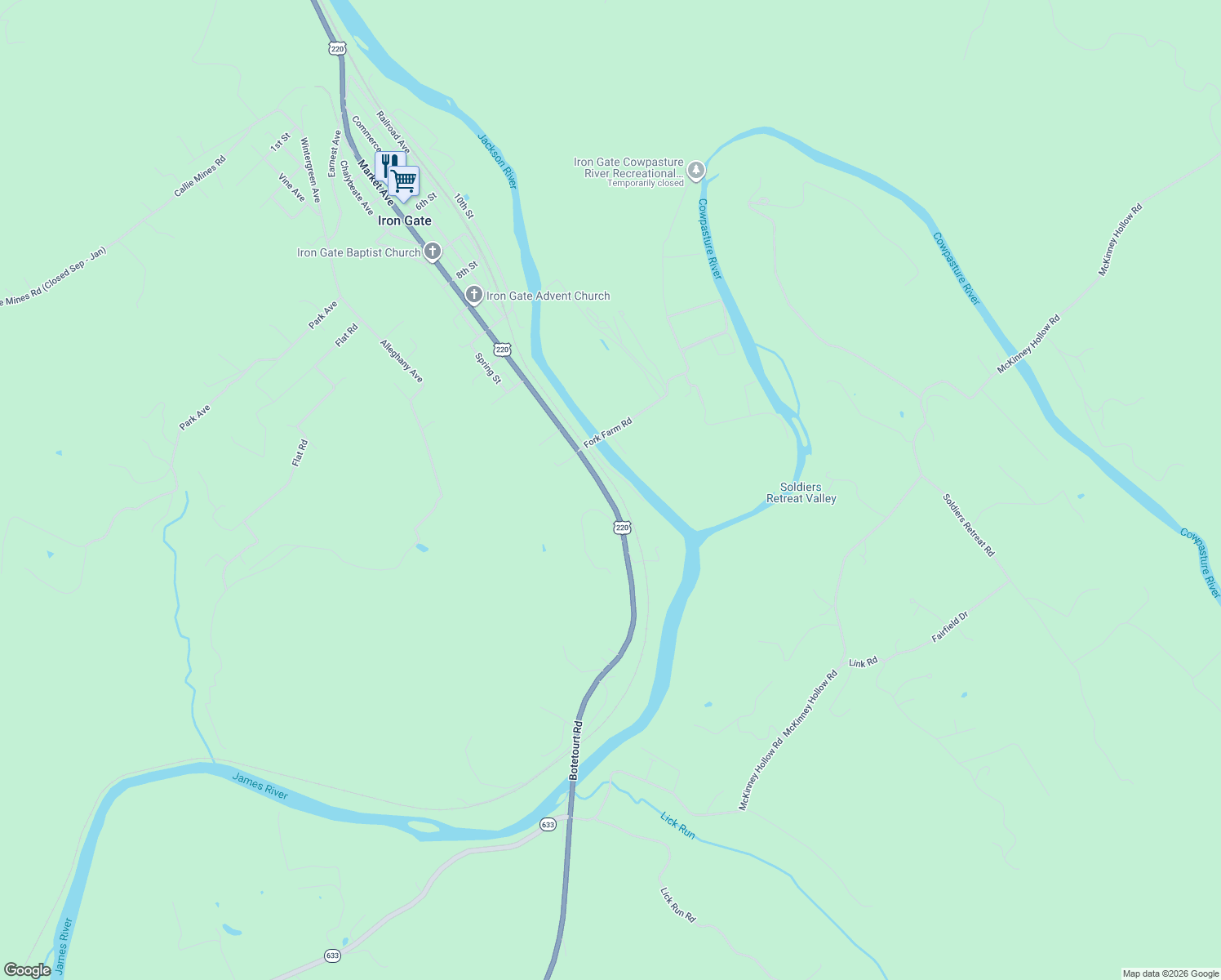 map of restaurants, bars, coffee shops, grocery stores, and more near 23164 Botetourt Road in Eagle Rock