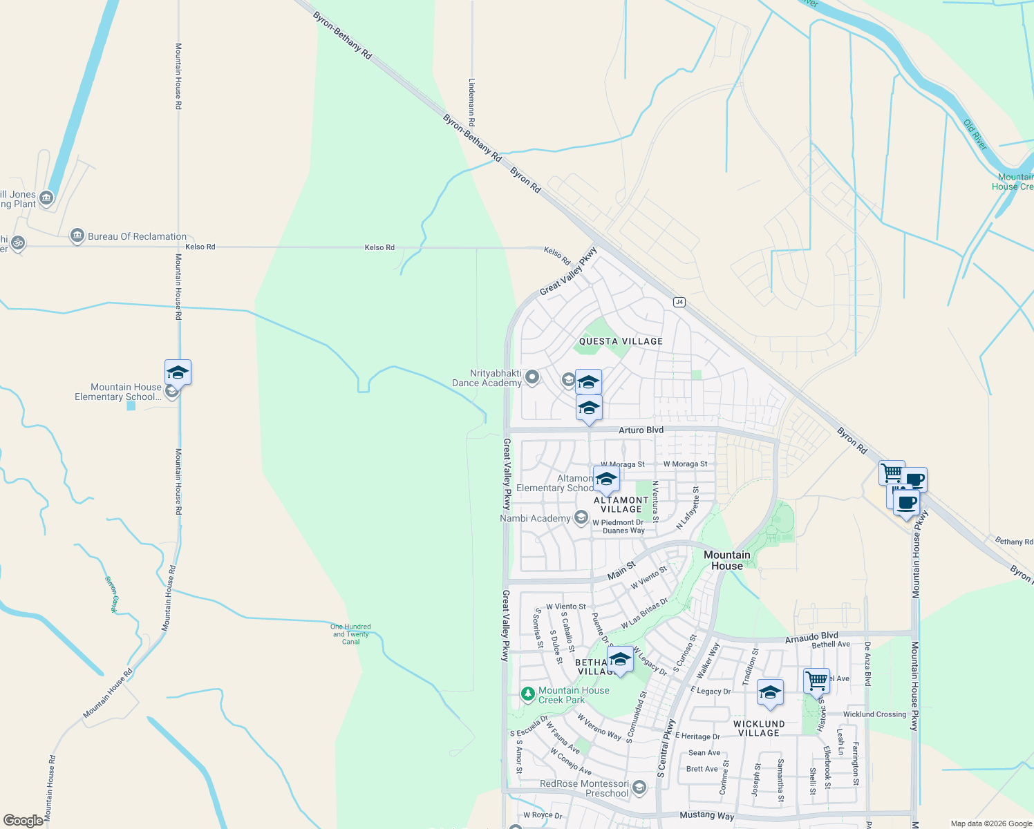 map of restaurants, bars, coffee shops, grocery stores, and more near 517 North Castellina Terrace in Mountain House