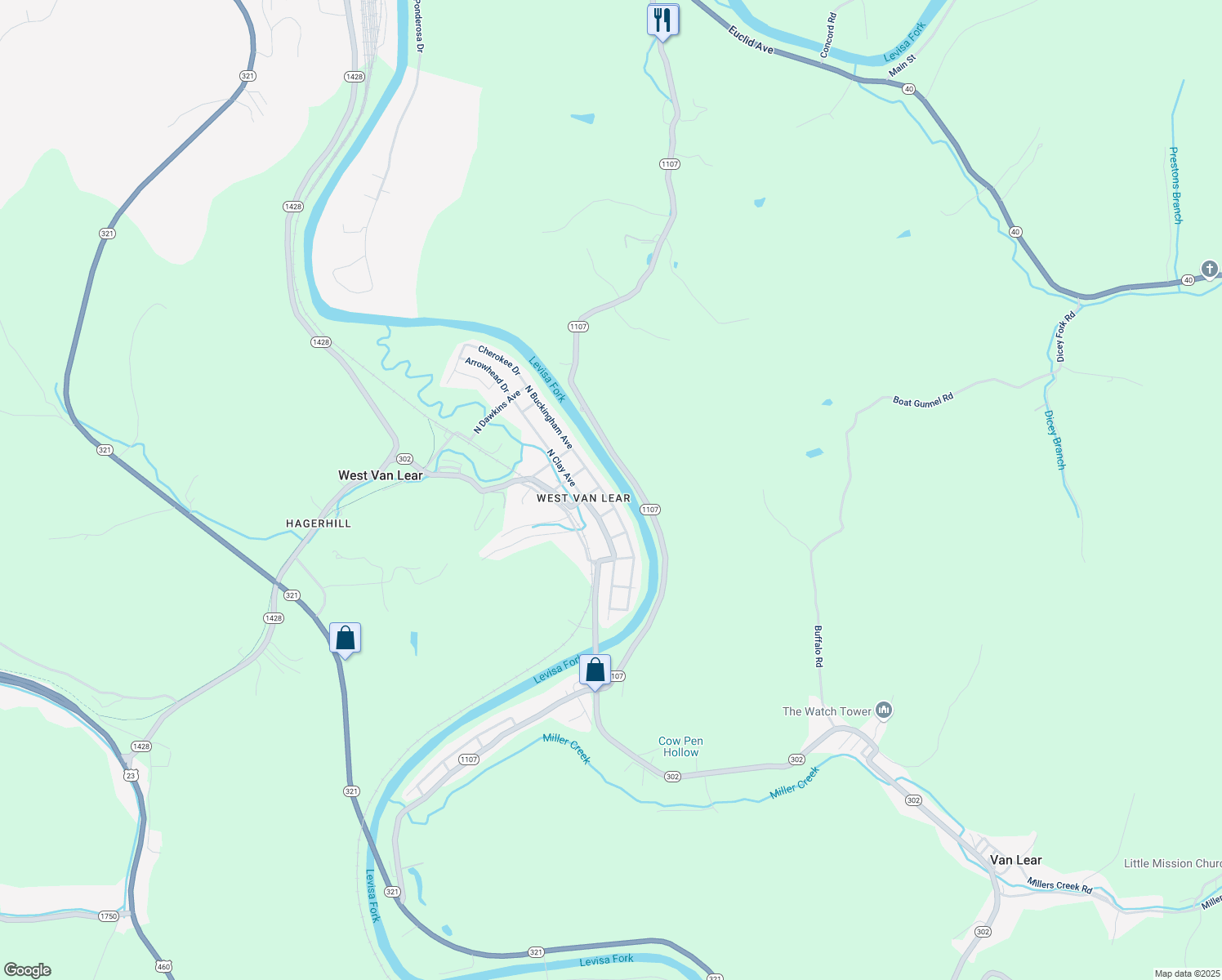 map of restaurants, bars, coffee shops, grocery stores, and more near 42 Buckingham Avenue in Paintsville