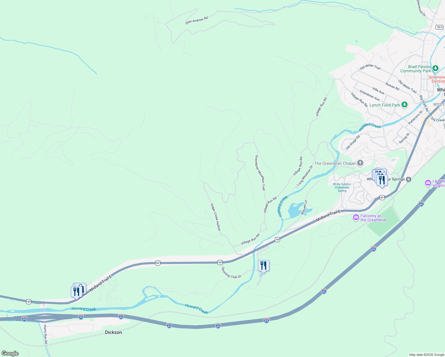 map of restaurants, bars, coffee shops, grocery stores, and more near 248 Wilson Ridge in White Sulphur Springs