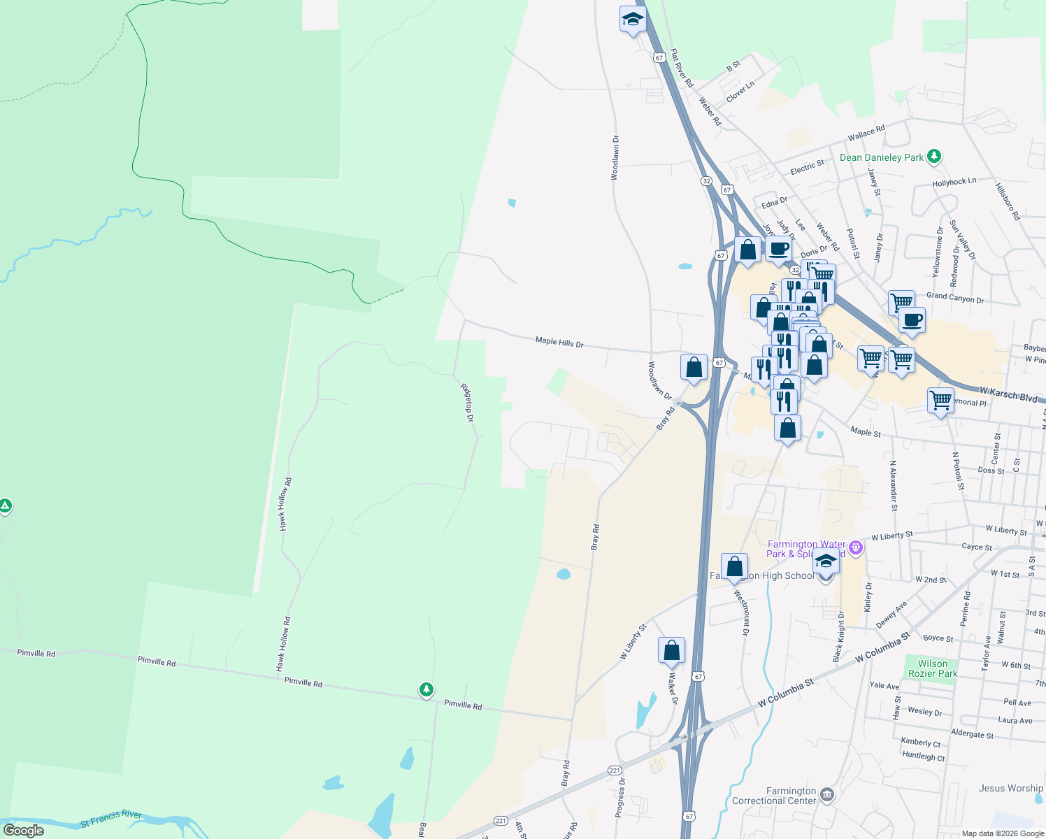 map of restaurants, bars, coffee shops, grocery stores, and more near 1913 Black Oak Drive in Farmington