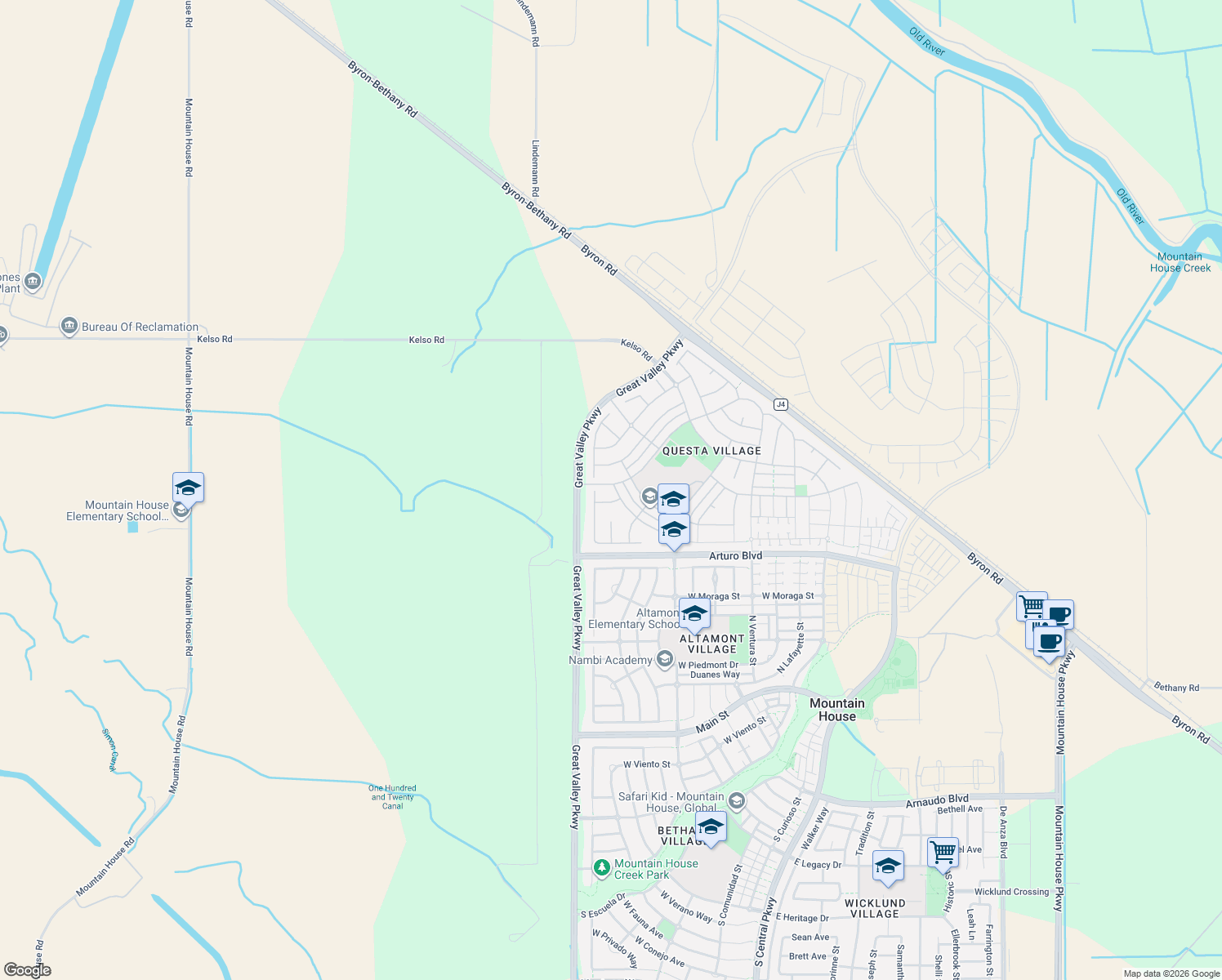 map of restaurants, bars, coffee shops, grocery stores, and more near 700 West Esplanade Drive in Mountain House