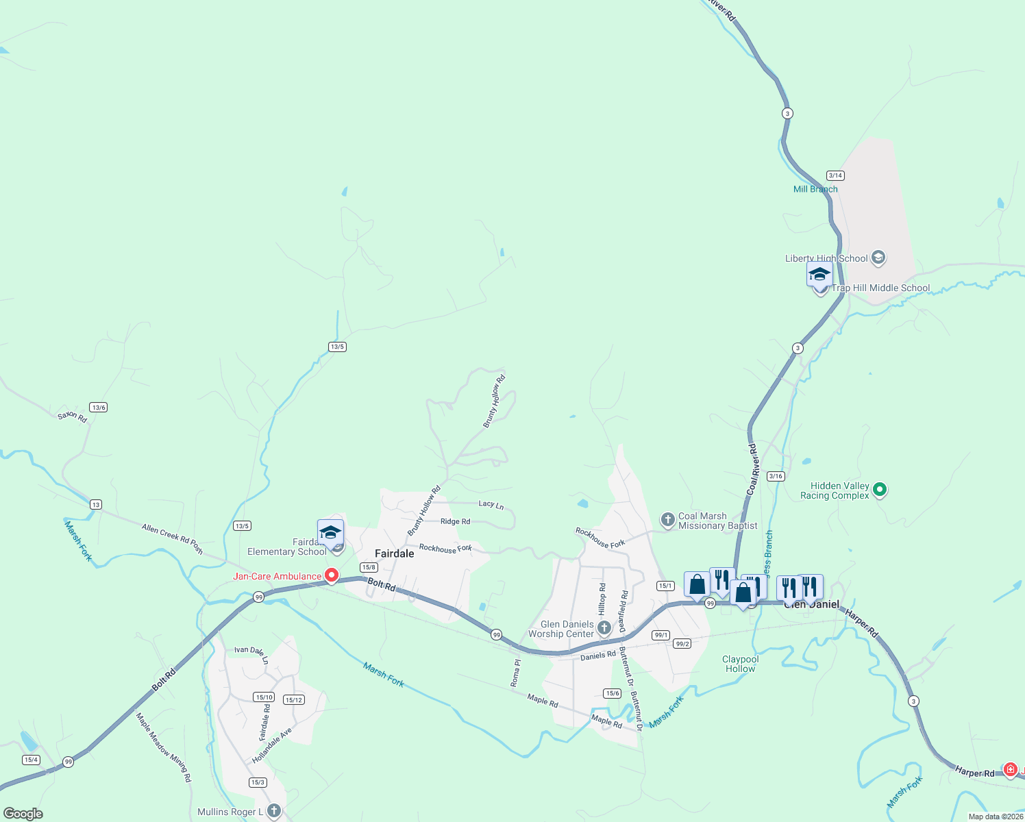 map of restaurants, bars, coffee shops, grocery stores, and more near 715 Brunty Hollow Road in Fairdale
