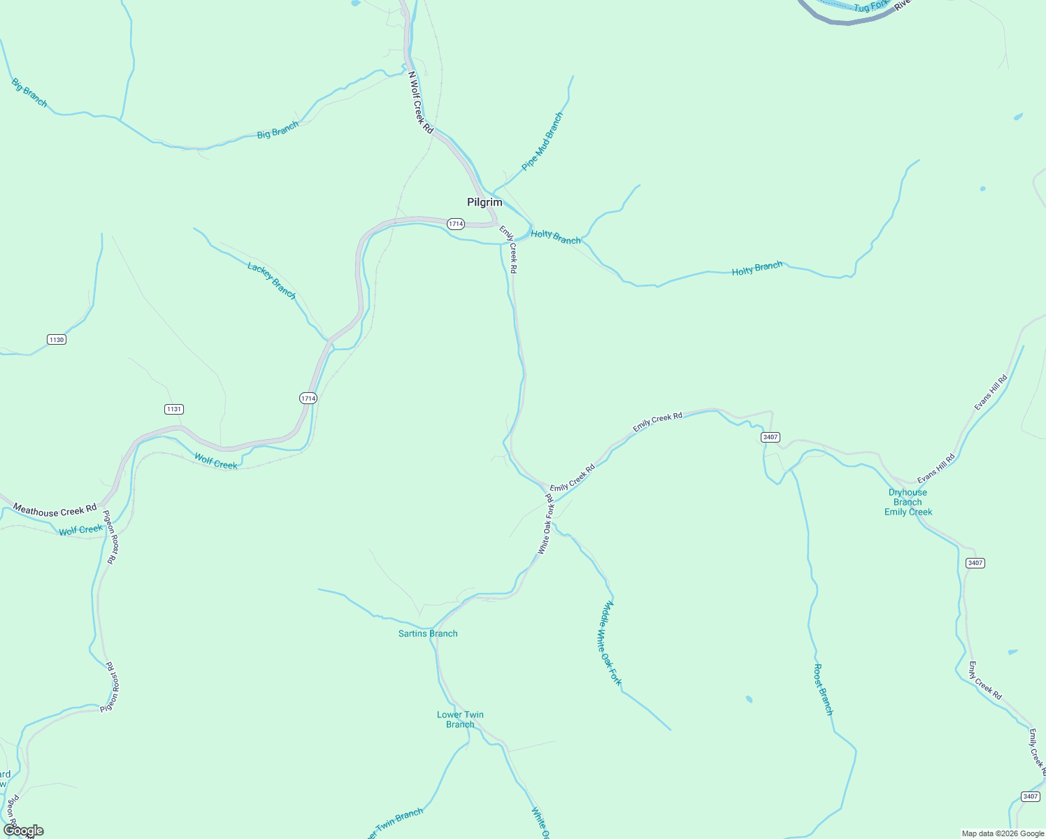 map of restaurants, bars, coffee shops, grocery stores, and more near Emily Creek Road in Pilgrim