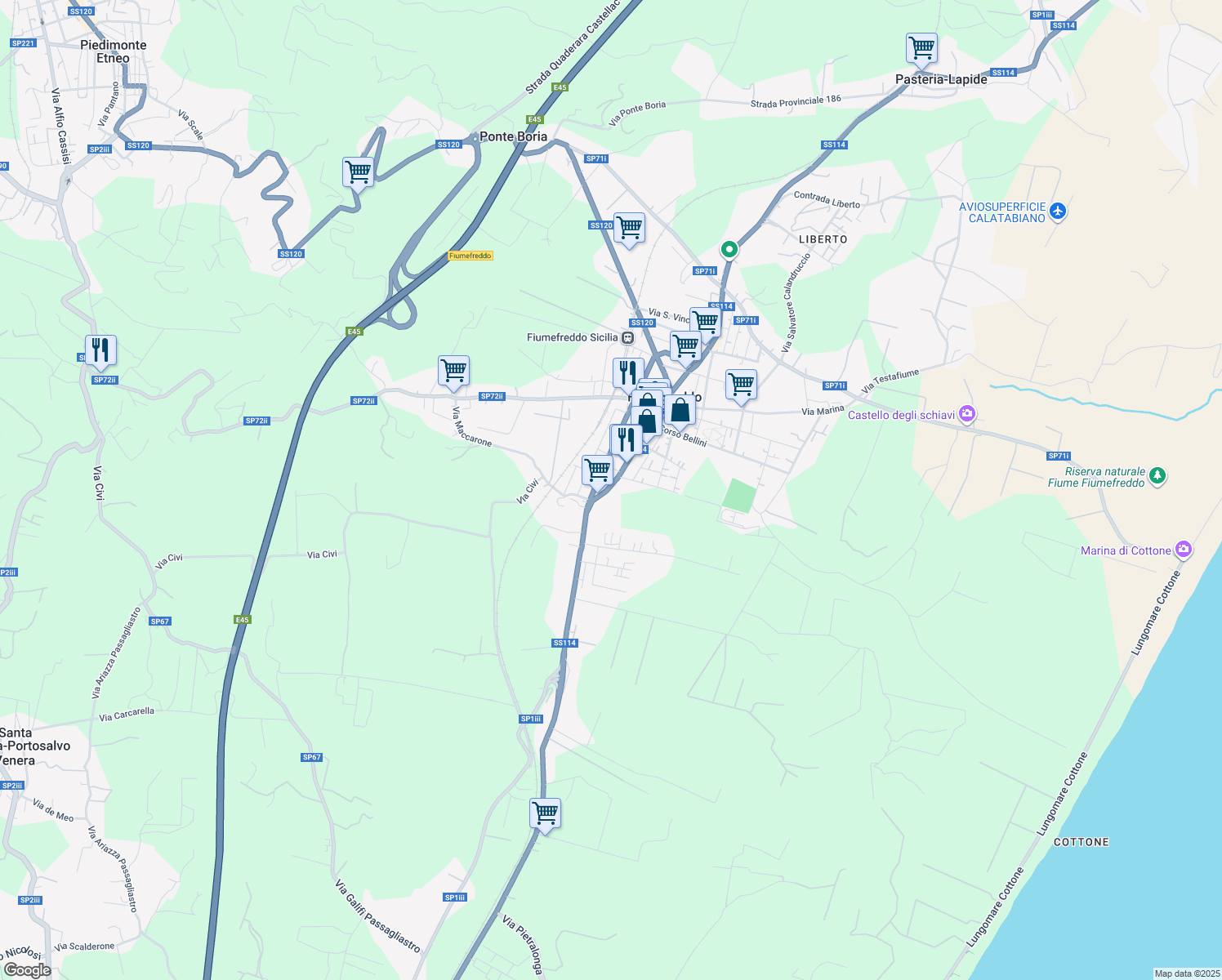 map of restaurants, bars, coffee shops, grocery stores, and more near 276 Via Principe di Piemonte in Fiumefreddo Sicilia