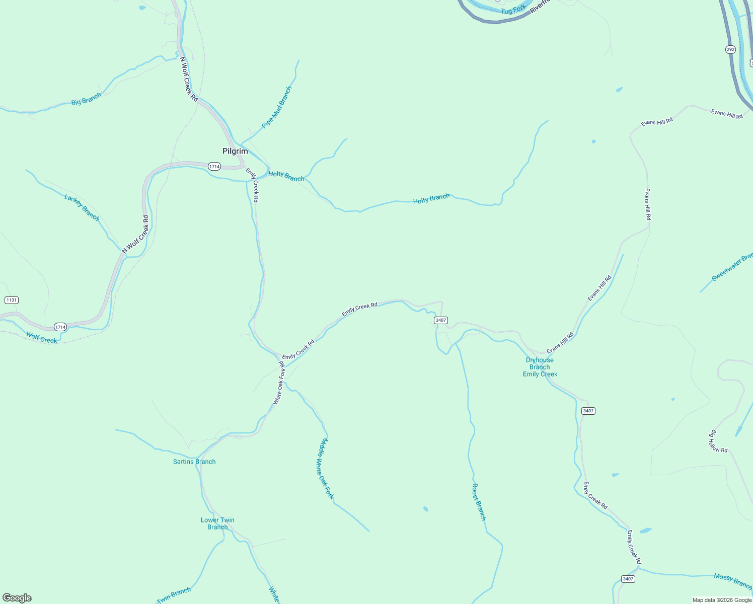 map of restaurants, bars, coffee shops, grocery stores, and more near Emily Creek Road in Pilgrim