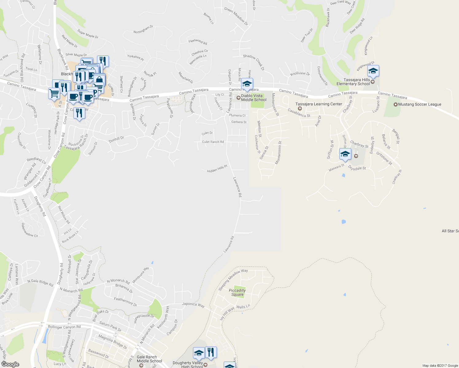 map of restaurants, bars, coffee shops, grocery stores, and more near 1400 Lawrence Road in Danville