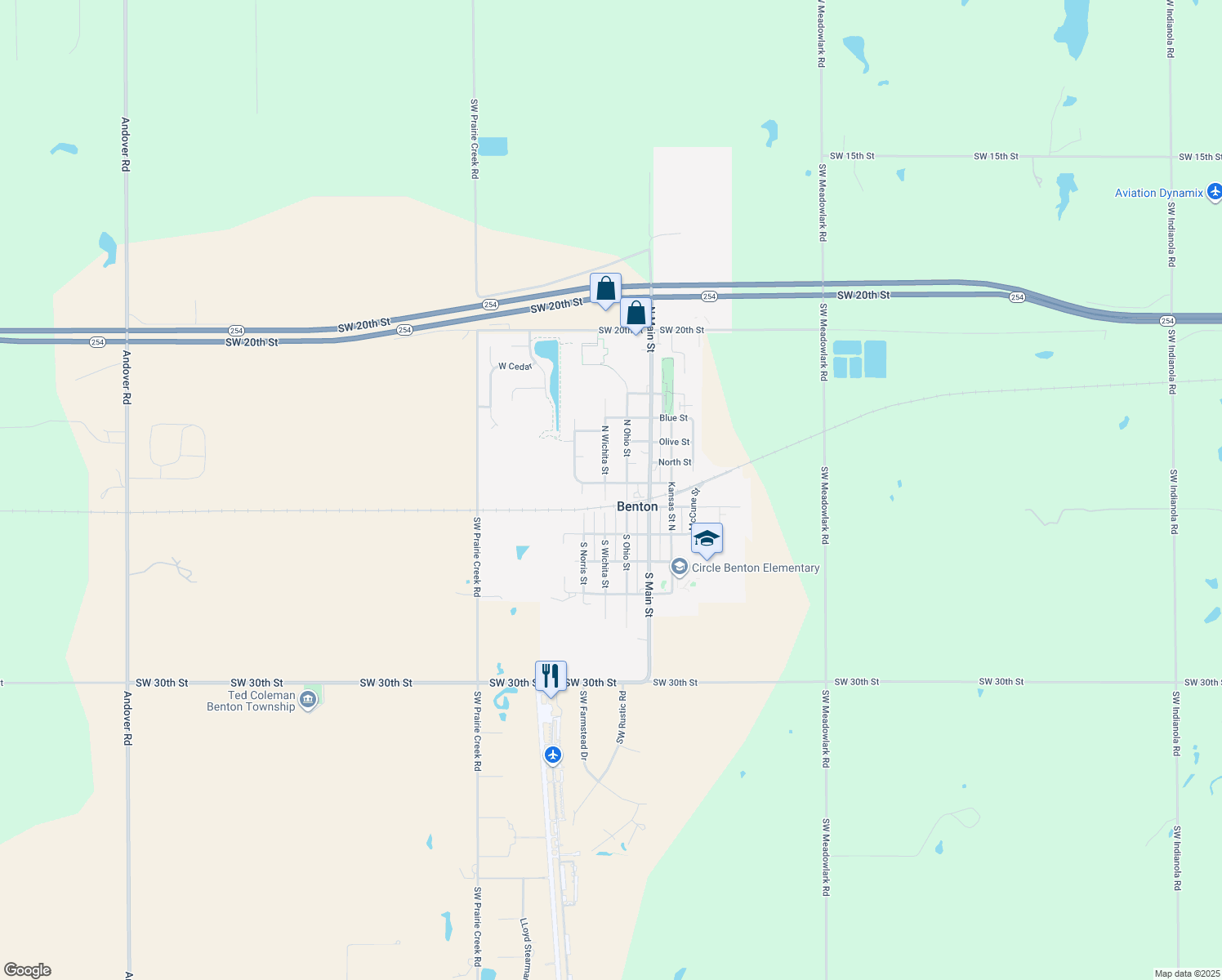 map of restaurants, bars, coffee shops, grocery stores, and more near 140 North Wichita Street in Benton