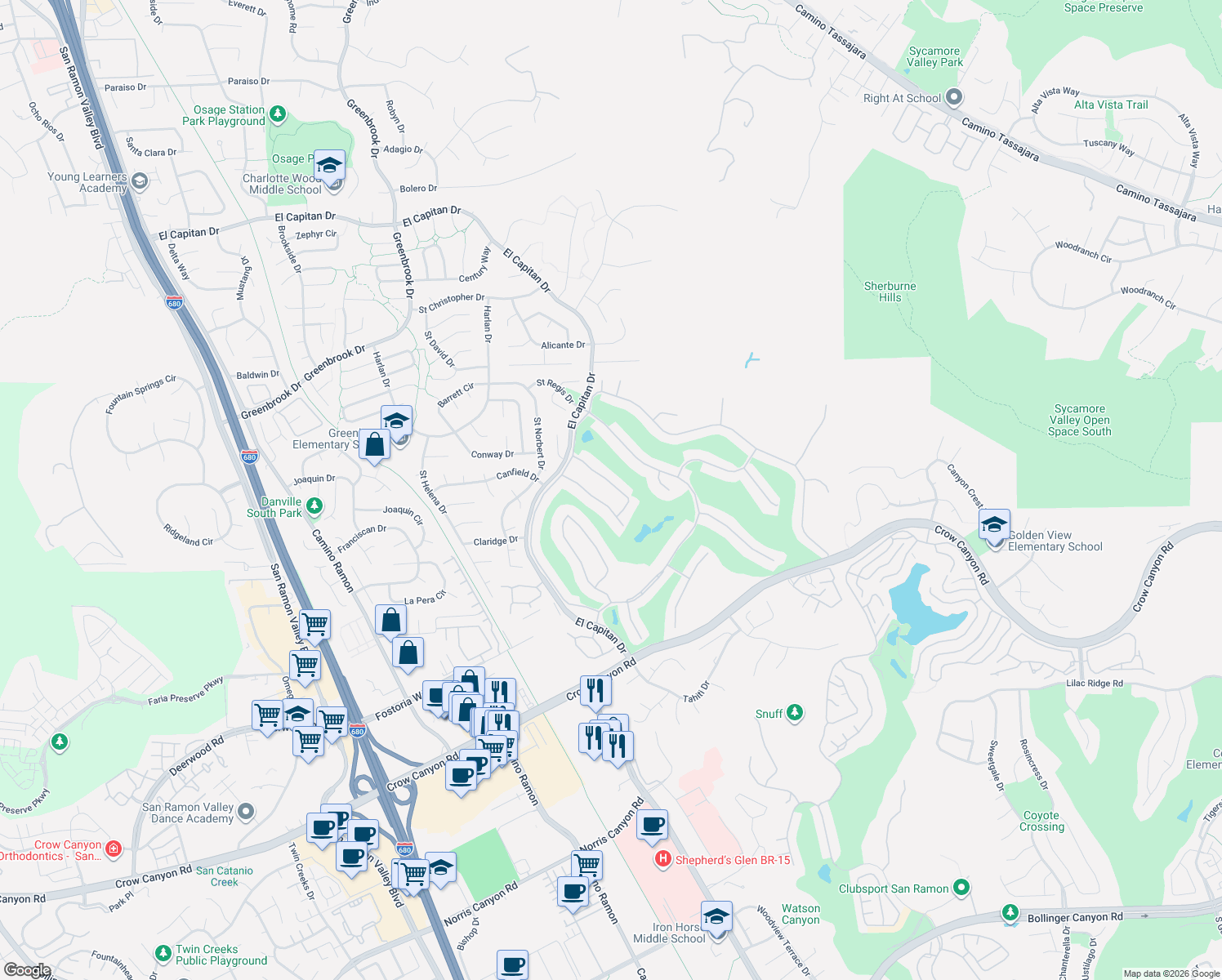 map of restaurants, bars, coffee shops, grocery stores, and more near 555 Cambrian Way in Danville