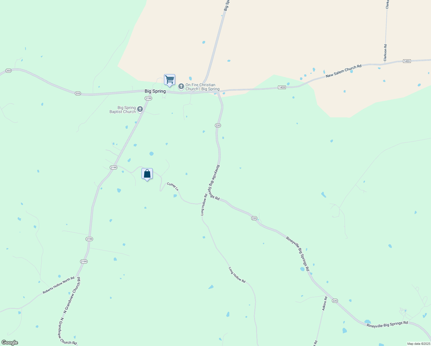 map of restaurants, bars, coffee shops, grocery stores, and more near 15721-16529 Rineyville-Big Springs Road in Rineyville
