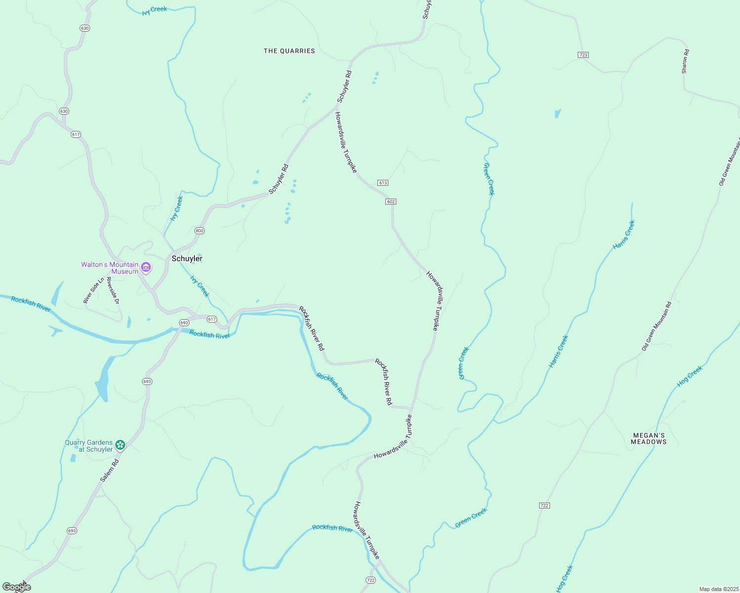 map of restaurants, bars, coffee shops, grocery stores, and more near 8820 Howardsville Turnpike in Schuyler