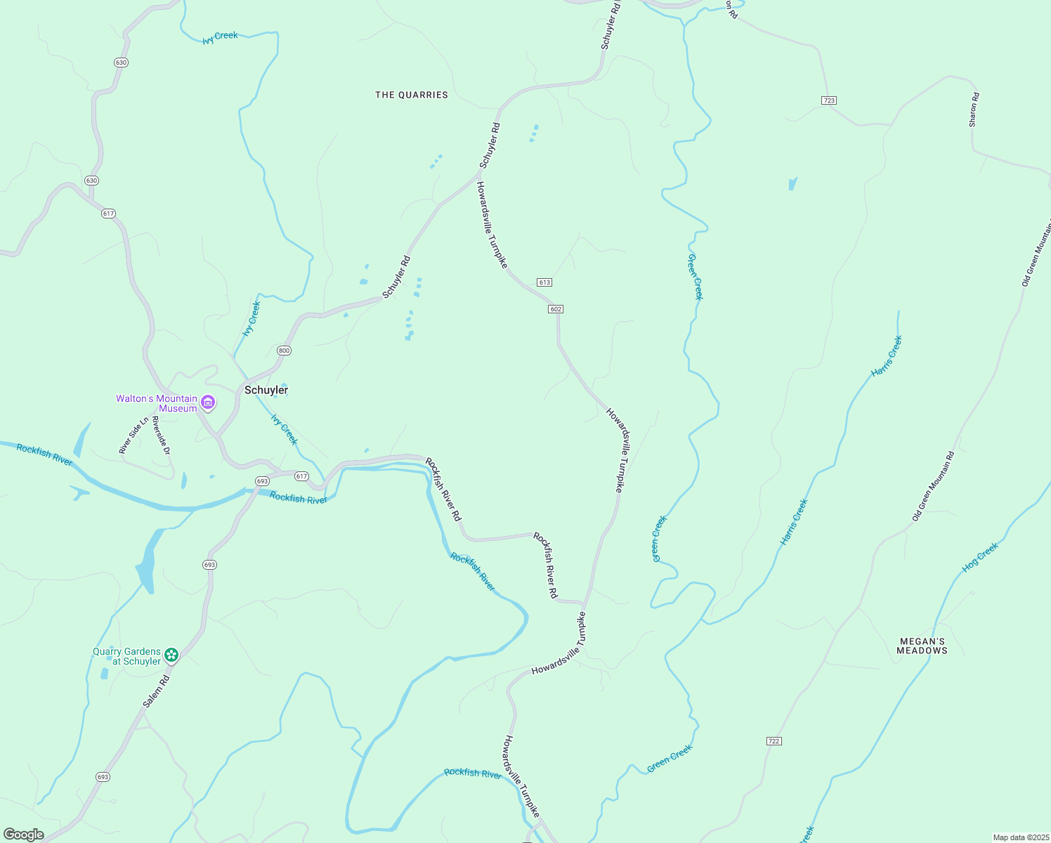 map of restaurants, bars, coffee shops, grocery stores, and more near 8820 Howardsville Turnpike in Schuyler