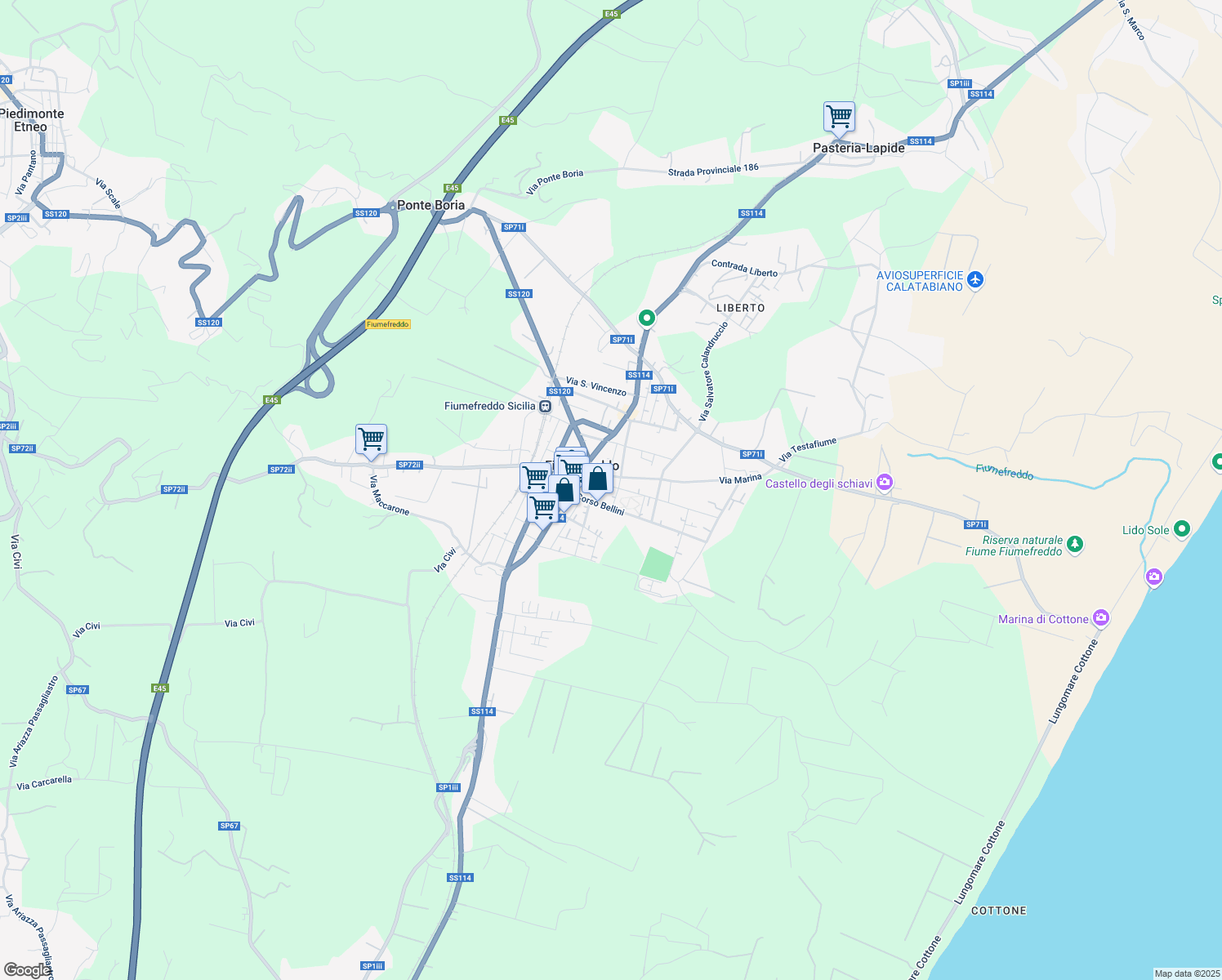 map of restaurants, bars, coffee shops, grocery stores, and more near in Fiumefreddo di Sicilia