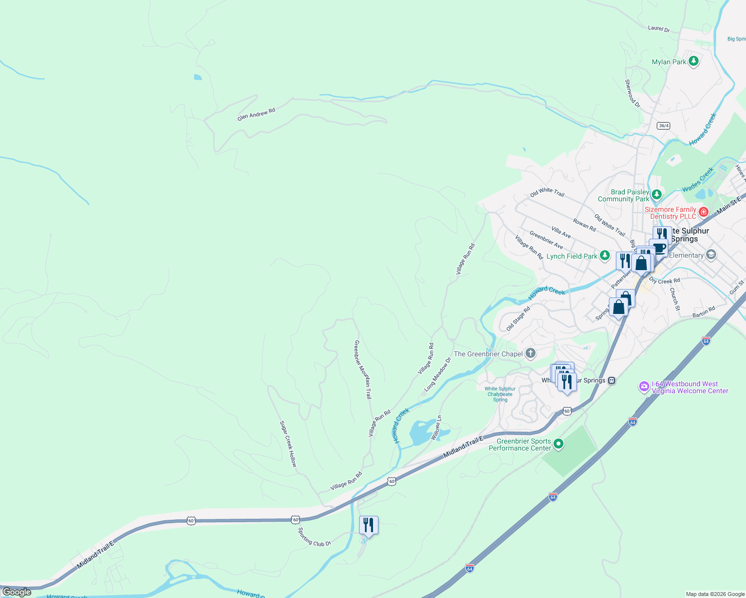 map of restaurants, bars, coffee shops, grocery stores, and more near 140 Bear Cub Trail in White Sulphur Springs
