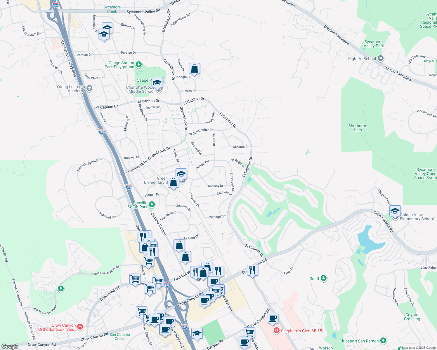 map of restaurants, bars, coffee shops, grocery stores, and more near 149 Saint Francis Court in Danville