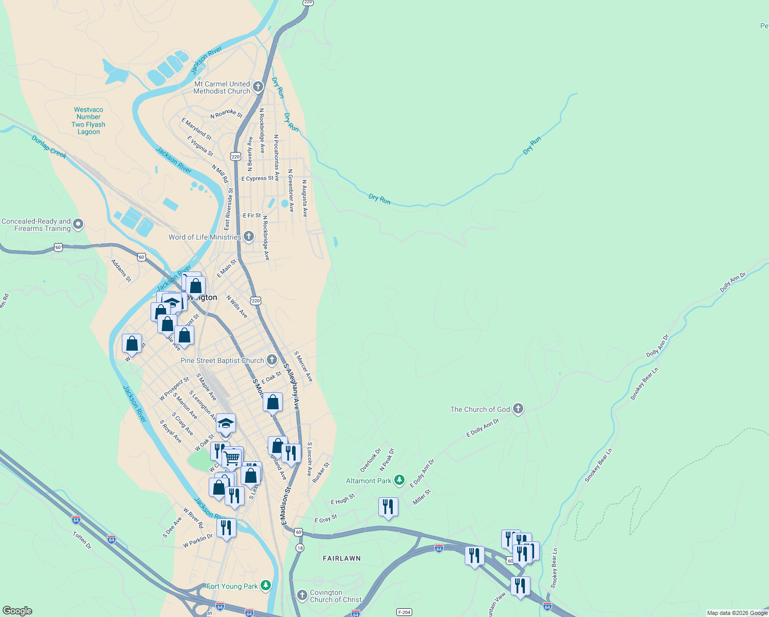 map of restaurants, bars, coffee shops, grocery stores, and more near Grande Road in Covington