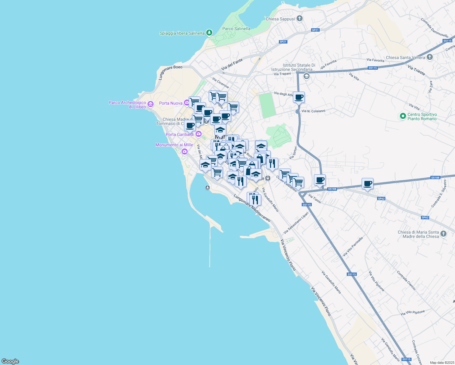 map of restaurants, bars, coffee shops, grocery stores, and more near 27 Via Giuseppe Verdi in Marsala